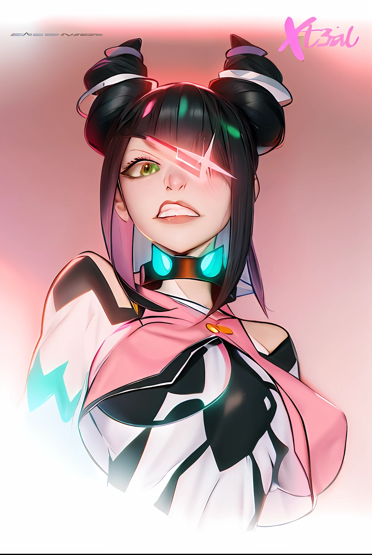 um close up de um personagem de desenho animado com um cabelo rosa e preto, Nezuko, Nezuko-chan, Overwatch Fanart, Como um personagem de Overwatch, Yuri Misaki, De Overwatch, KDA, oppai cyberpunk, Akali, Commission for High Res, por Shingei, negao, Estilo Overwatch, OC Commission, inspirado em Puru