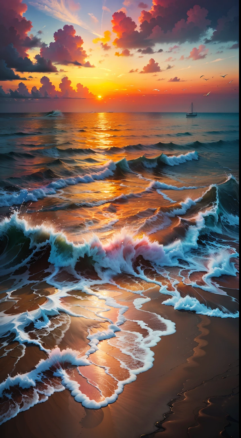 An absolutely mesmerizing sunset on the beach, with a mix of orange, pink, and yellow in the sky. The water is crystal clear, gently kisses the coast, and the white sand is endless. The scene is dynamic and breathtaking, with seagulls soaring high in the sky and palm trees swaying softly. Immerse yourself in the calm atmosphere and let the serenity surround you.