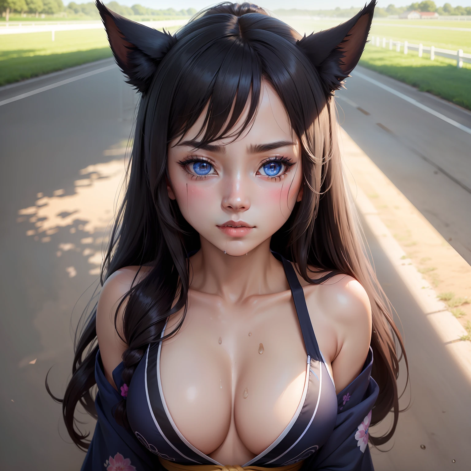 high-level image quality、masterpiece、8K、1womanl、20yr old、Uma Musume(Mejiro Dobel)、Full body like、、Bewitching beauty、Black long-haired、long hair to the waist、poisonous mist、Wearing yukata、A MILF、Spiky horse ears、Scrunchies on the left horse's ear、Ripe female body、Cobalt blue eyes、Tight eyes、glare at viewer、Man hater、Tanned dark skin、racecourse、Off-site ticket office、lovely、Innocent、Paddock in the background、natta、Flushed face、full of sweat、Dripping sweat、sun burn