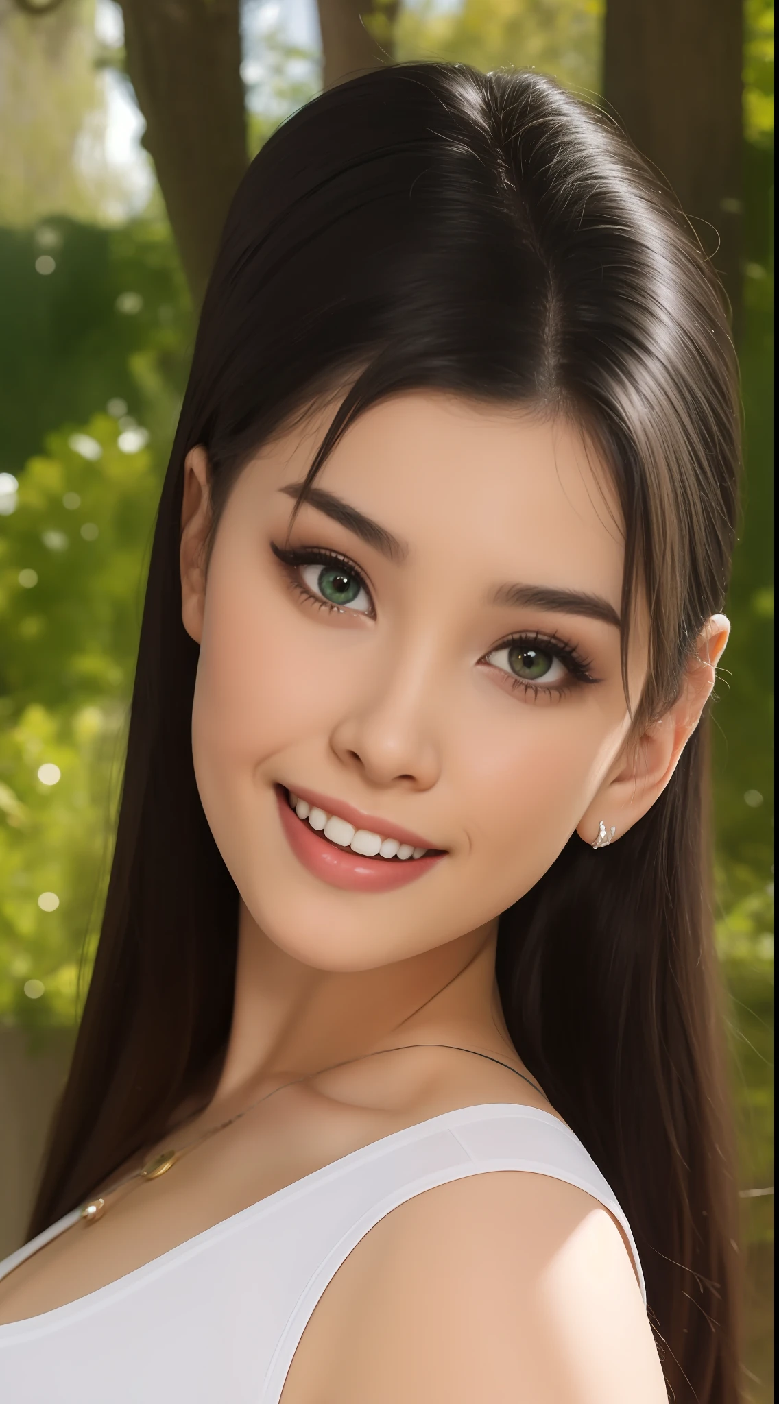Fashion model 16 years old [[[[closeup cleavage]]]], [[[[boobgasm]]]], [[[[coll]]]], [[[[bshoulders]]]], perfect  eyes, Perfect iris，Perfect lips，perfect teeth，Perfect skin，with fair skin，Soft front light，hdr，Movie girl，Casual，ssmile，The background is outdoor，Green trees and flowers，（pastel colour：1.2）