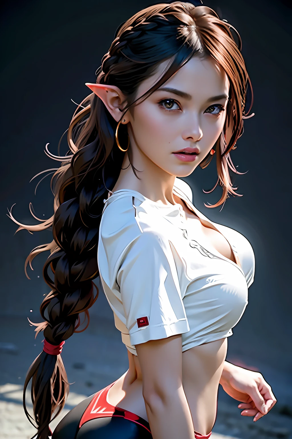 Ultra-detailed complex 3D rendering of face, (Colossal: 8.8), (masterpiece, top quality, octane rendering, 8K), glamour shot full body image, very beautiful young elf, cleavage, (very detailed skin: 1.2), (exposure: 1.1), brown-haired, ((wearing a plummeted open shirt of white silk: 1.10)), beautiful Caucasian woman with black skin with full soft breasts with big buttocks, Single, long braided hair, big breasts, dynamic angle, mystical expression, ultra-realistic photo, (((portrait)))), bare feet, futuristic urban background, facial muscles, detailed and beautiful queen gold crown, in the style of Marvel Comics, ArtStation trends, clear focus, studio photography, intricate details, very detailed, detailed red eyes, very detailed, Sharp Focus, Digital Rendering, Professional, Abs, Dark Grey Background,