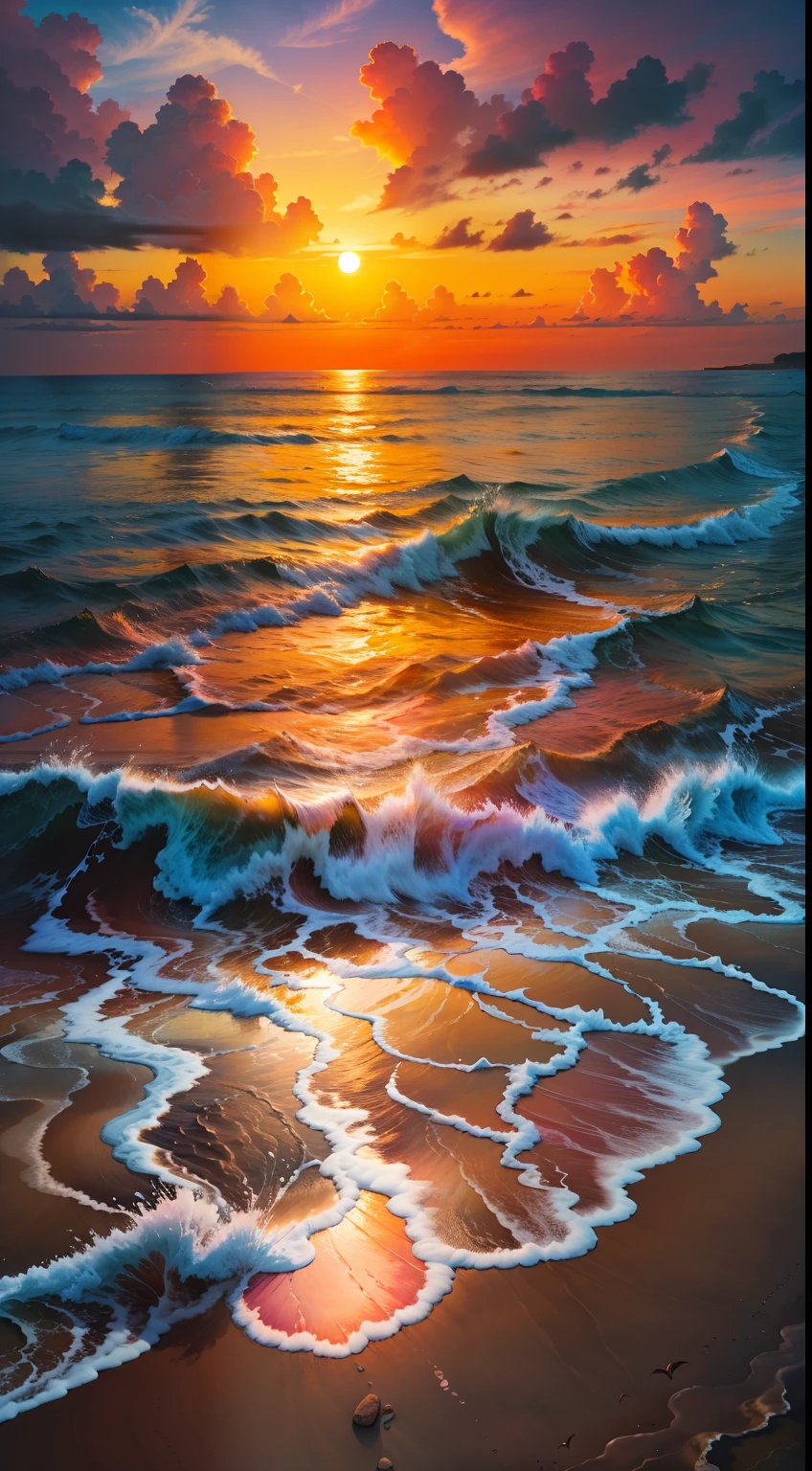 An absolutely mesmerizing sunset on the beach, with a mix of orange, pink, and yellow in the sky. The water is crystal clear, gently kisses the coast, and the white sand is endless. The scene is dynamic and breathtaking, with seagulls soaring high in the sky and palm trees swaying softly. Immerse yourself in the calm atmosphere and let the serenity surround you.