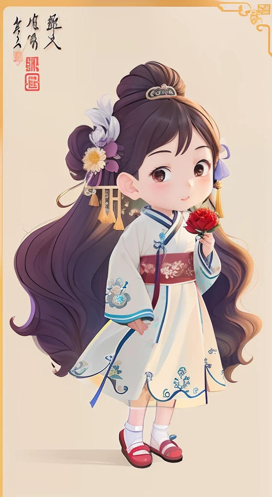 A cartoon girl in a white dress holds a flower, Palace , A girl in Hanfu, China Princess, Beautiful character painting, Chinese girl, Princesa chinesa antiga, A beautiful artwork illustration, Inspired by Zou Yigui, inspired by Park Hua, Chinese costume, author:Qu Leilei, Cute detailed digital art, Chinese dress, lovely digital painting, inspired by Mei Qing,Miniature villain,Full body like,Full body photo
