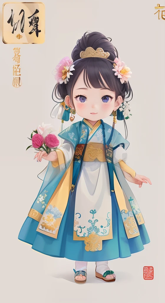 A cartoon girl in a white dress holds a flower, Palace , A girl in Hanfu, China Princess, Beautiful character painting, Chinese girl, Princesa chinesa antiga, A beautiful artwork illustration, Inspired by Zou Yigui, inspired by Park Hua, Chinese costume, author:Qu Leilei, Cute detailed digital art, Chinese dress, lovely digital painting, inspired by Mei Qing,Miniature villain,Full body like,Full body photo