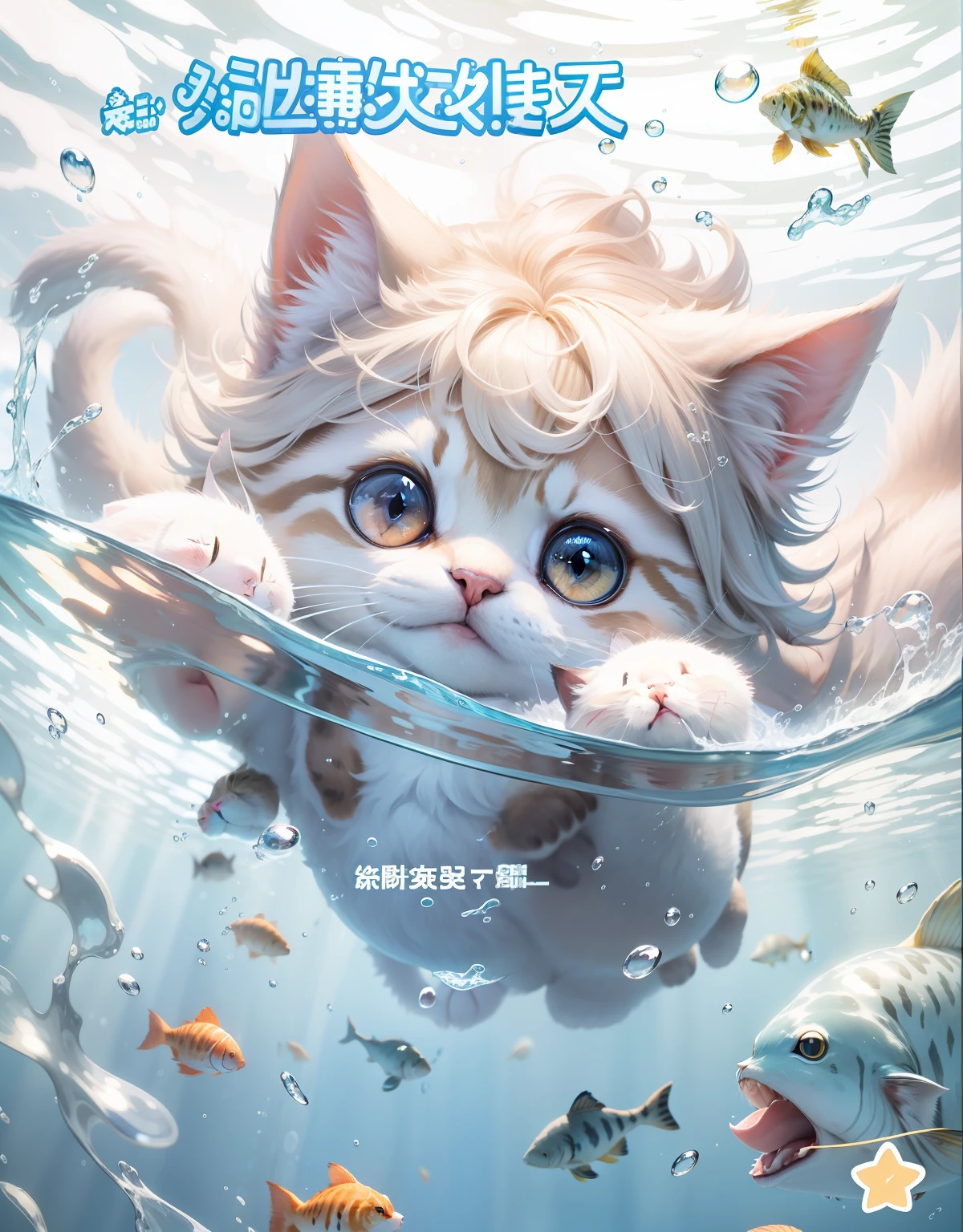 A super cute kitten, animal, swimming in pure water, lots of bubbles and fish around, healing smile, summer clear, fluffy, anime style