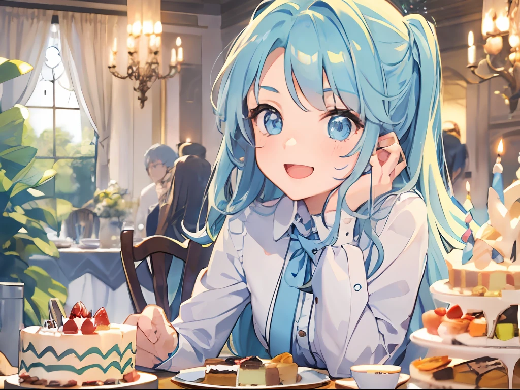 Best quality, tmasterpiece, A -yeld giLong light blue hair and blue eyes,Happy expression,At the dinner table,There was a birthday cake and lots of delicacies on the dinner table,Clear facial features