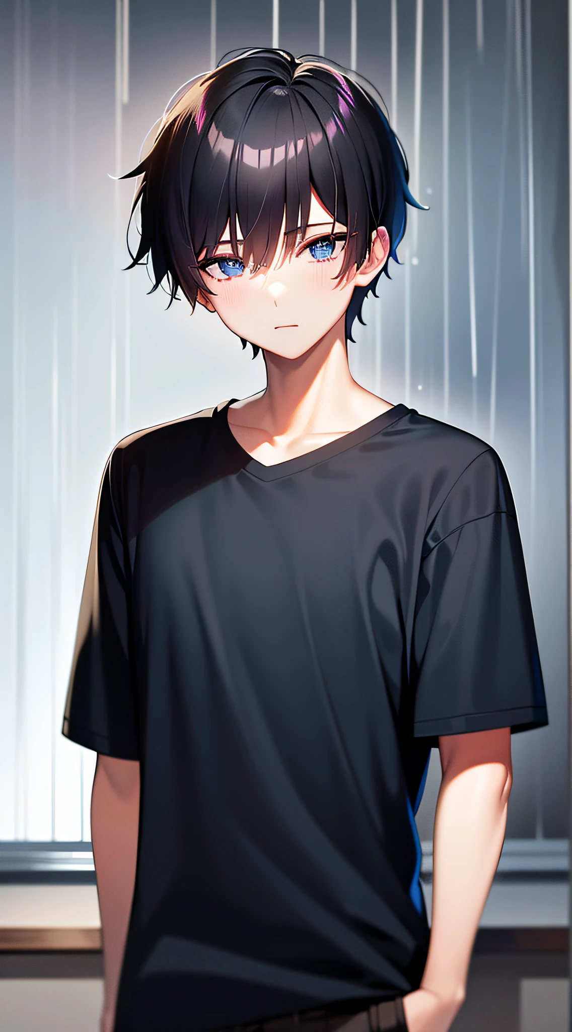 masterpiece, best quality, high quality, 1boy, solo, male focus, looking at viewer, cold light, (blue_eyes:1.2), (Zaffre eyes color:1.1), (mullet:1.2), (black short hair:1.2), (pink shirt:1.2), pink school shirt, rainday, (more rain:1.2)