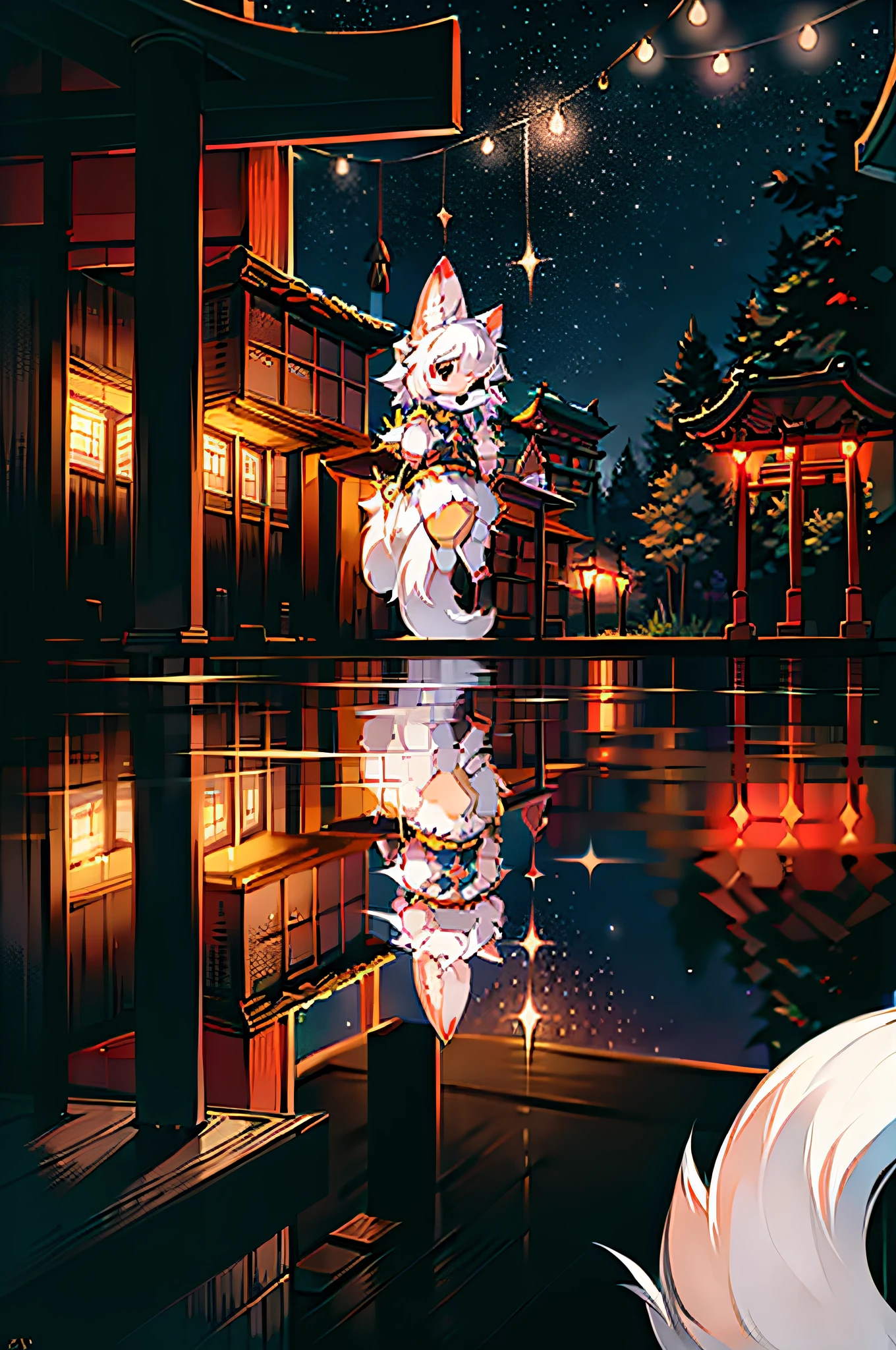 Dark environment,Brilliant fireworks,best qualtiy,8K,At night,Shrine scene,Inari Shrine,Bong box,The afterglow of fireworks spills on the pillars of the shrine,Fox type,Long white hair,Furry tail and ears,The tail and ears are printed with the color of fireworks,Young girl who travels alone,Age up to 9 years,White witch costume,Hand held fan,Super cute face,