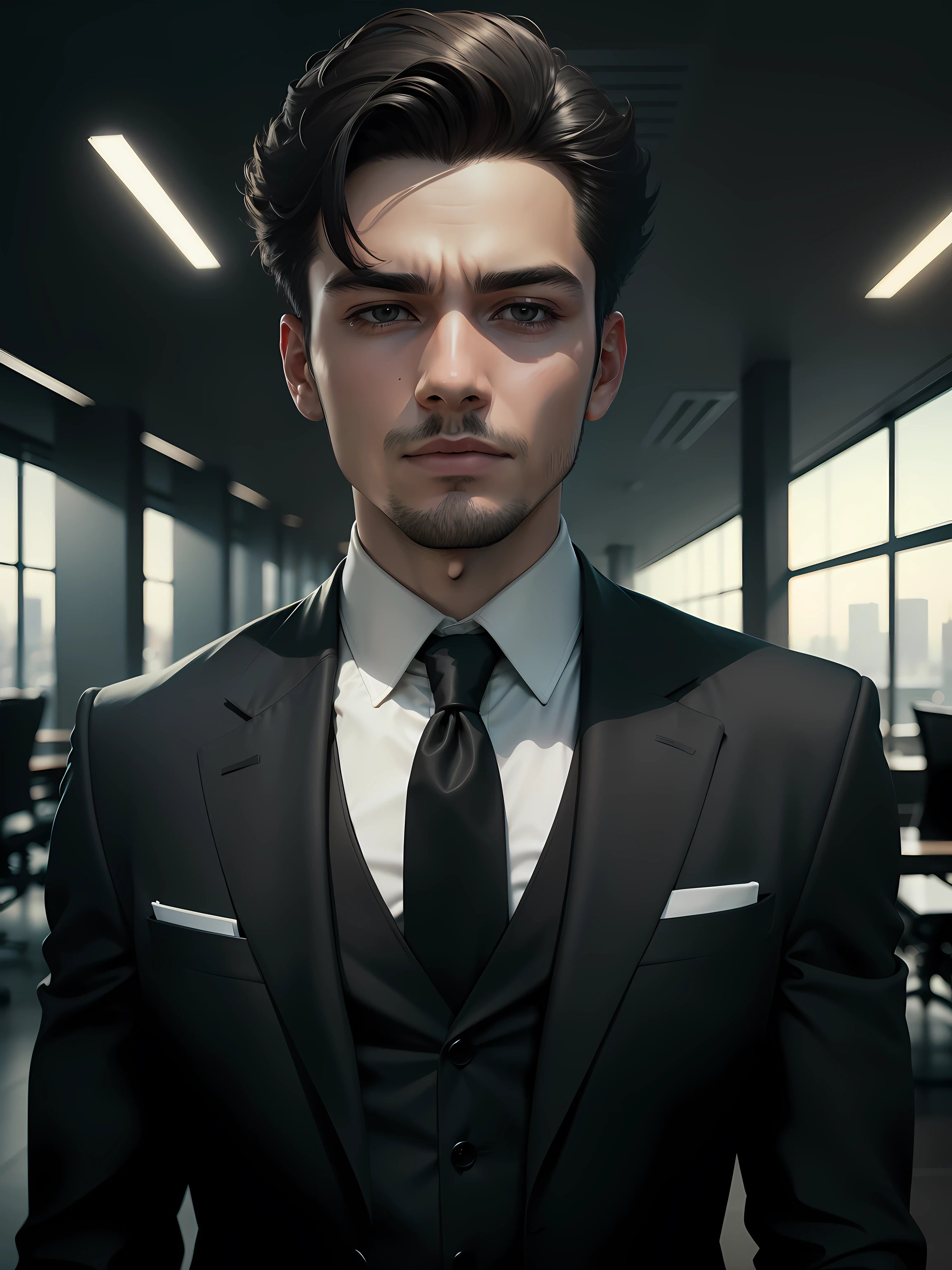 a young Business Man wearing modern black suit , change background to office , 8k quality, ultra realistic