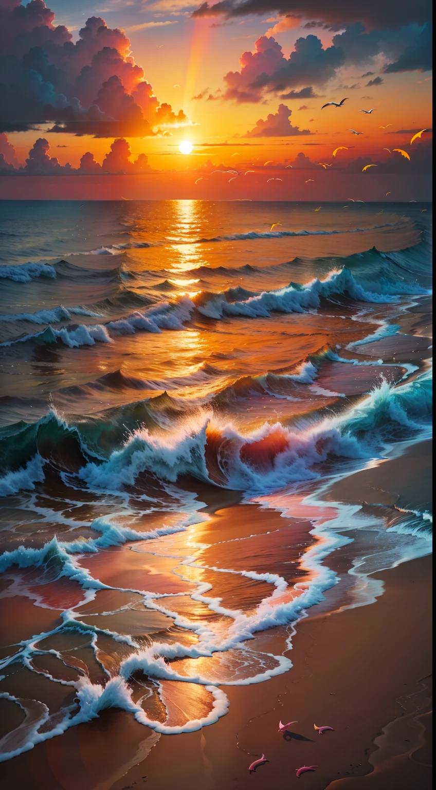 An absolutely mesmerizing sunset on the beach, with a mix of orange, pink, and yellow in the sky. The water is crystal clear, gently kisses the coast, and the white sand is endless. The scene is dynamic and breathtaking, with seagulls soaring high in the sky and palm trees swaying softly. Immerse yourself in the calm atmosphere and let the serenity surround you.