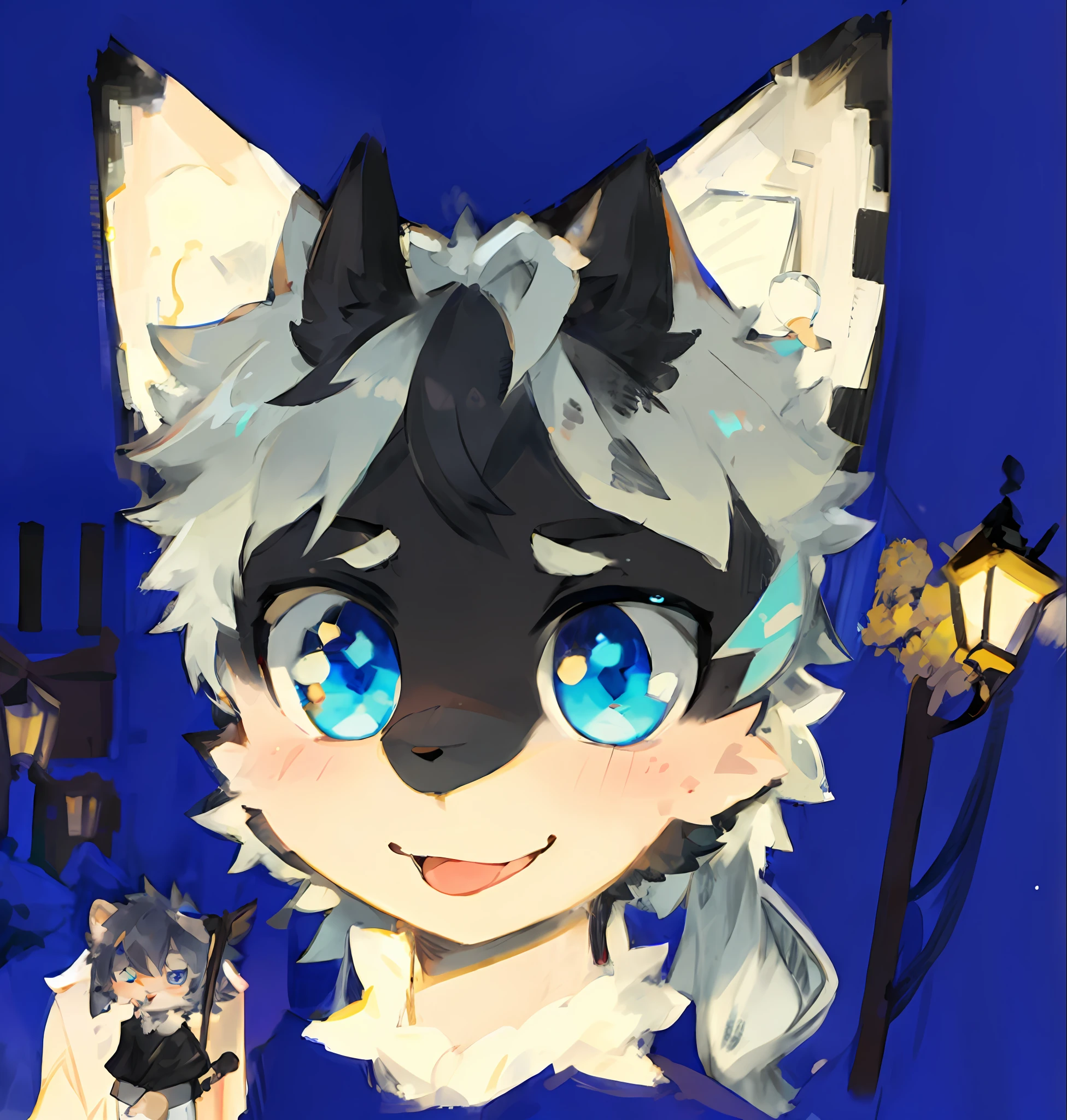 hair bunch,High-quality portraits,hairy pubic,Stick out your tongue,No spots,full-shot,Long tail,Dark blue eyes,Black diamond-shaped pupil,drak,Black corners,Umbrellas,the street,nigth,tmasterpiece,Cubs,Libido boy,Super cute face,Black pickaxe beam,Blue-gray hair,cat ear,posing on a,holding a umbrella,saunt,the street lights,tall house,White color blouse,black cloaths,lowerbody,dark cloude,ventania,Black nose,ssmile,Stick out your tongue,Tiger Tooth