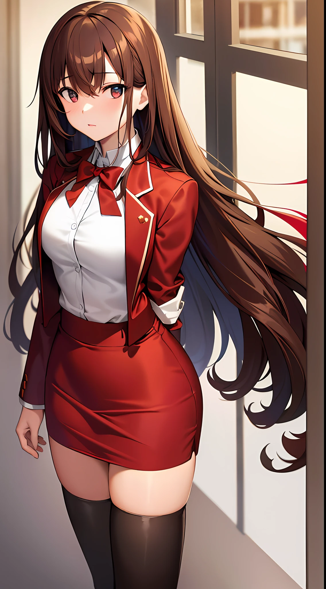 takeuchi takashi, ((Masterpiece, highres)), 1girl, solo, teenager, ((brown hair)), long hair, curly hair, matching hairstyles, different hair color, confident, elegant, rich girl, hazel eyes, happy, arms at sides, straight backs, (((red blazer, red pencil skirt, white thighhighs, thighhigh socks, blue high heels))), standing at attention, medium breasts, upper body