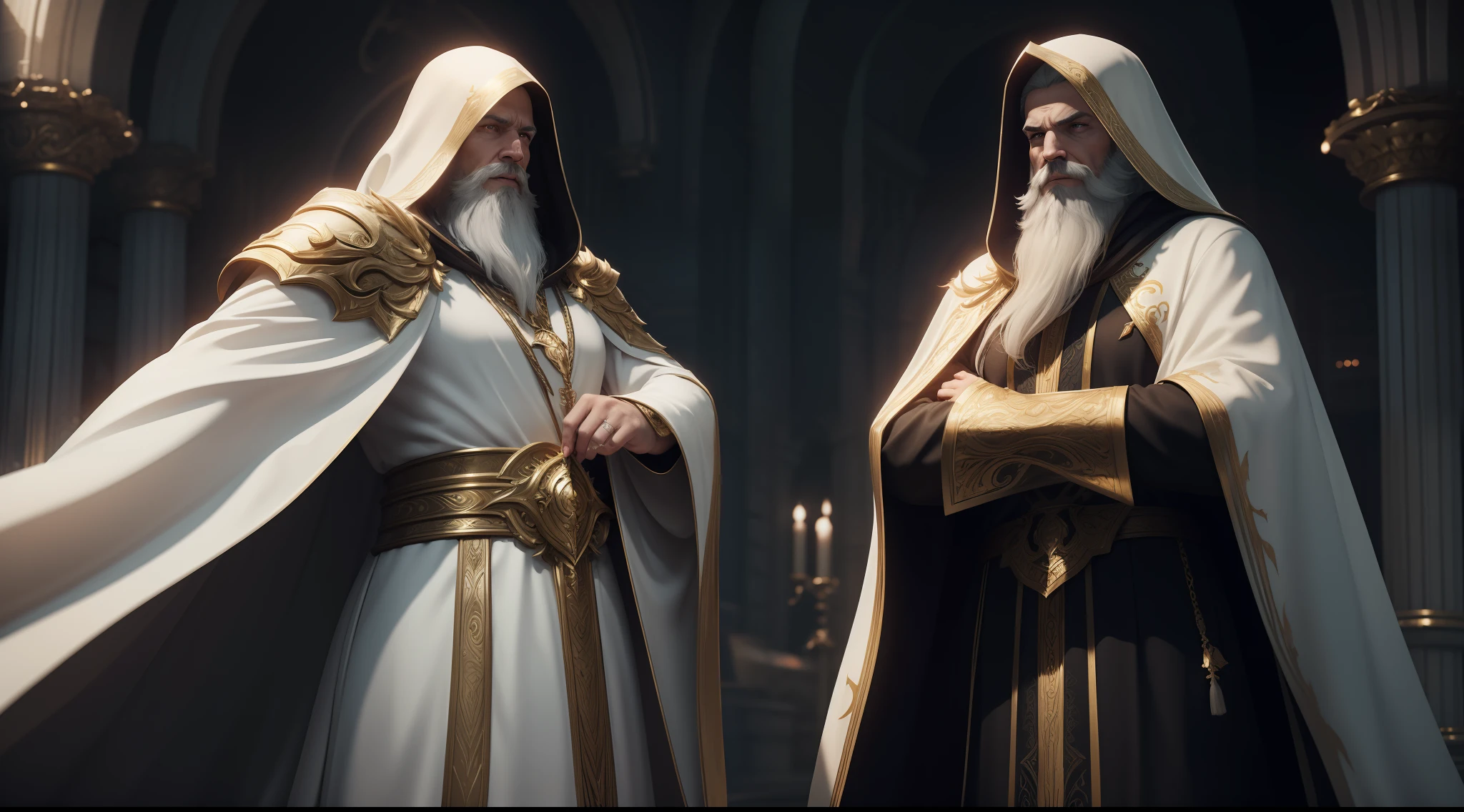 there is a man in a dress with a white robe and golden cape with a white hood, a prophet of the past in epic and glorified form, image of man, long male hair, big white beard;, Fantasy Style 8k Octane Rendering, detailed cinematic render, dressed like a cleric, non-Unreal Engine 5 rendering,
