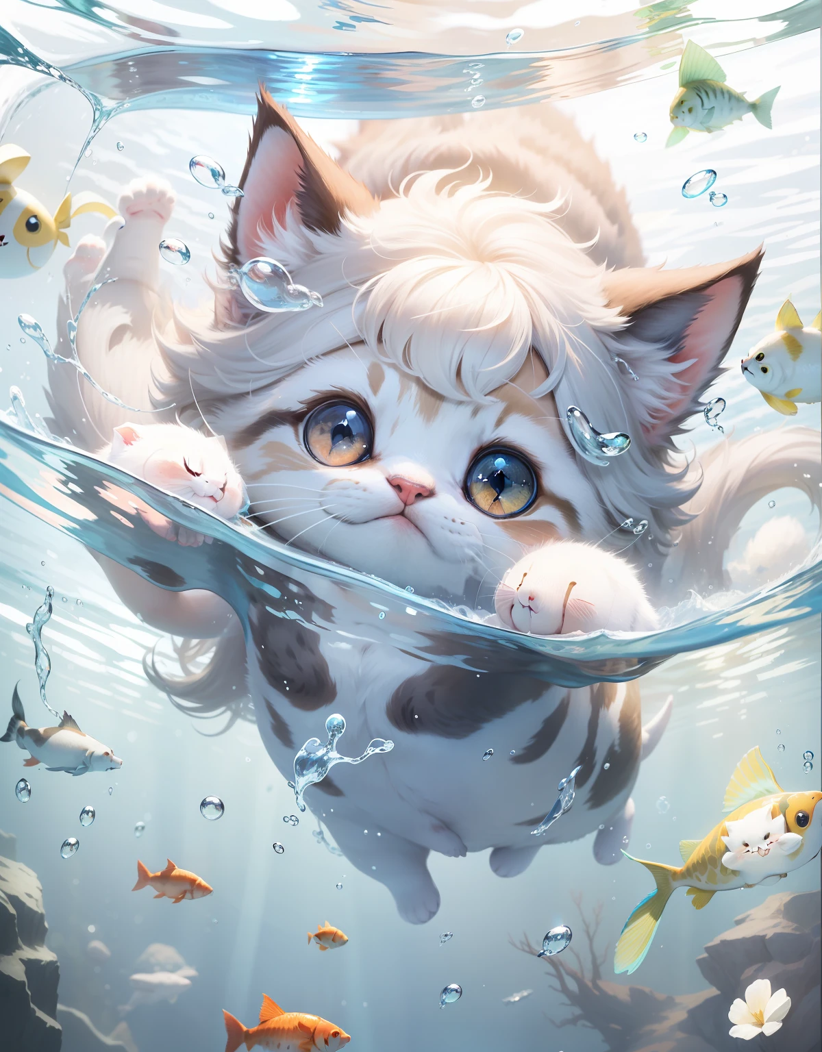 A super cute kitten, animal, swimming in pure water, lots of bubbles and fish around, healing smile, summer clear, fluffy, anime style