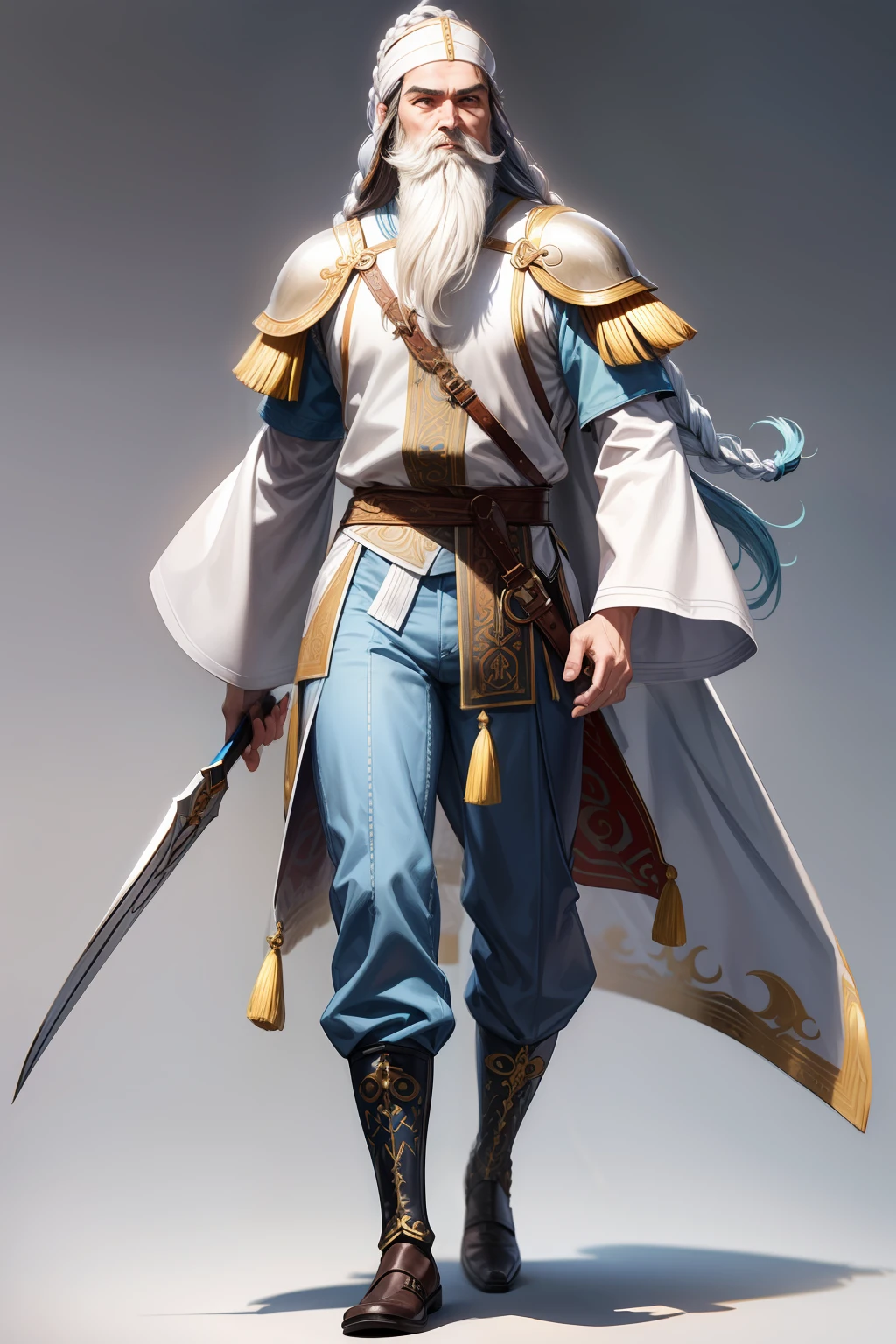 realista, idoso, long white braided beard, asiatic, magro, fantasia, roupa comprida, armadura medieval dourada, light blue pants, mundo, roupa branca, corpo inteiro, fundo branco