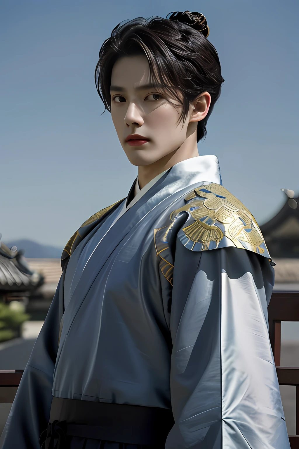 (4K, Best quality)), 1 handsome guy, Elegant temperament, Handsome，Handsome，largeeyes，Perfect facial features，Hair coiled，Toshiro, Handsome and dashing, Merry, Fair skin, Very attractive man, handsome guy in demon killer art, yanjun cheng, Guviz-style artwork, Chinese-style costume, Chinese clothing and hair accessories, Warrior Samurai, Wuxia, Hanfu, Solo, ssmile, flowy, Walk in righteousness, knight-errant, National style💘, Martial arts style, Hanfu elements, classical, nice hand, delicated, the detail, very detail eyes, Very delicate face, Best quality at best, ultra - detailed（Photorealsitic）, Beautiful black eyes, Very attractive man, Close-up of wearing ancient costumes, Ancient martial arts, hime-cut, art-deco, Masterpiece