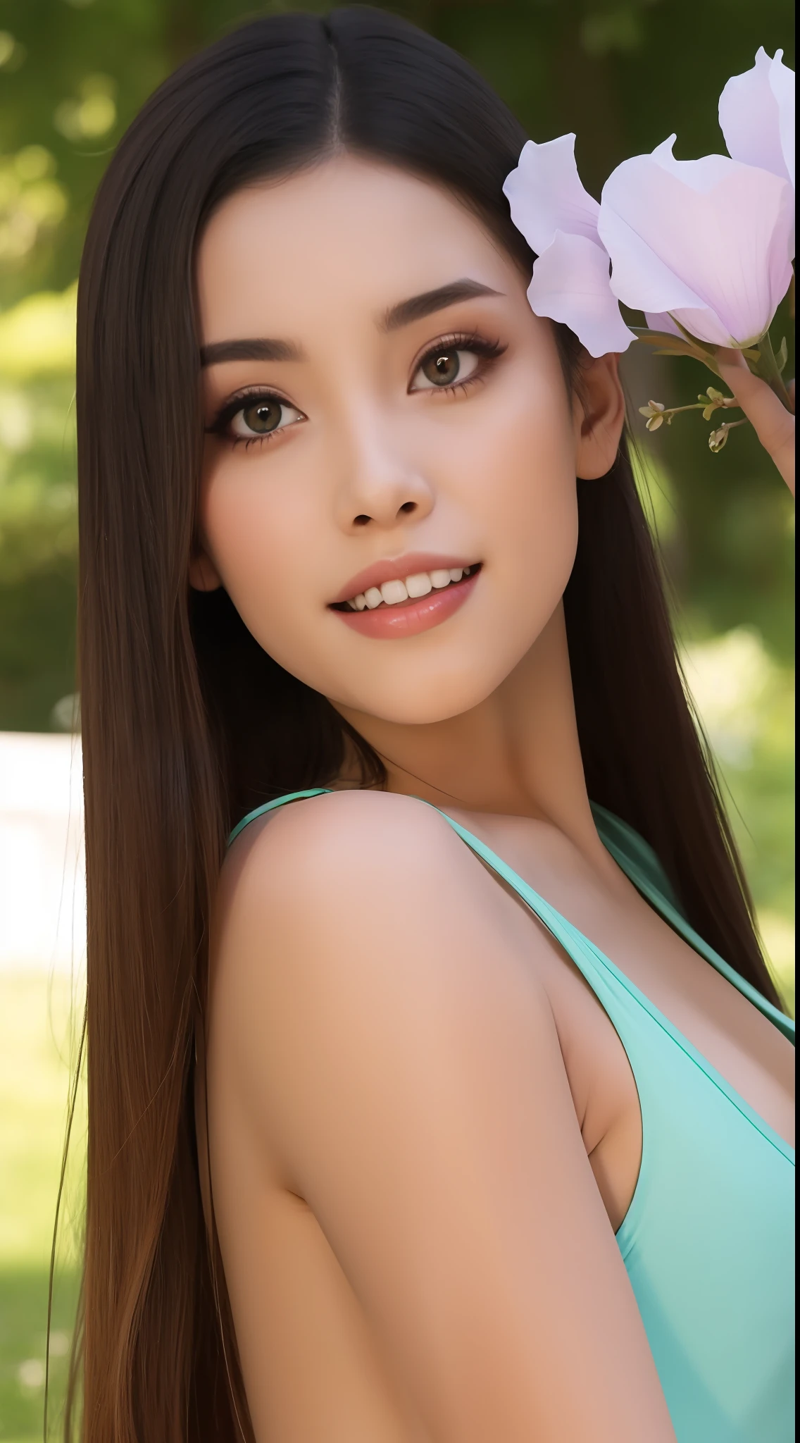 Fashion model  [[[[closeup cleavage]]]], [[[[boobgasm]]]], [[[[coll]]]], [[[[bshoulders]]]], perfect  eyes, Perfect iris，Perfect lips，perfect teeth，Perfect skin，with fair skin，Soft front light，hdr，Movie girl，Casual，ssmile，The background is outdoor，Green trees and flowers，（pastel colour：1.2）