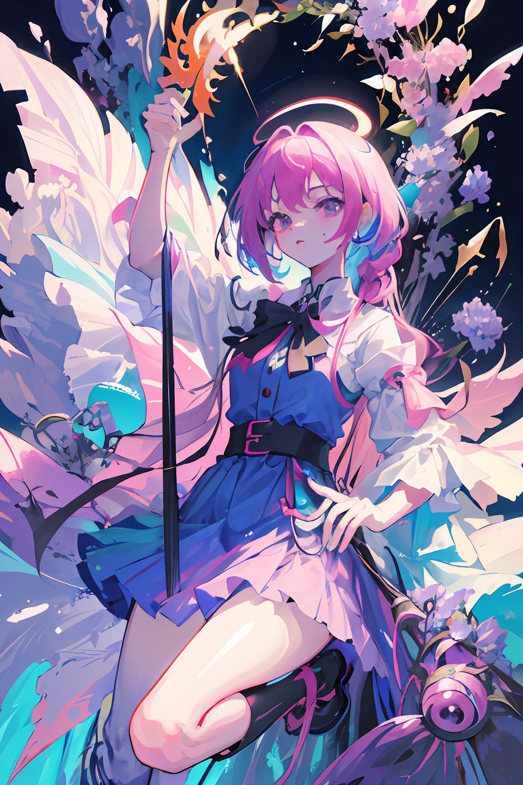 (masutepiece, of the highest quality, Best Quality, Beautiful and aesthetic:1.2), (1girl in:1.3), ighly detailed, (Colorful:1.1), (Colorful Backgrounds 1:1), (#30b3ff:1.5), (#FA52F4:1.1), highest details, arma, holding weapon, (glowing weapons), Detailed background, , masutepiece, 8K