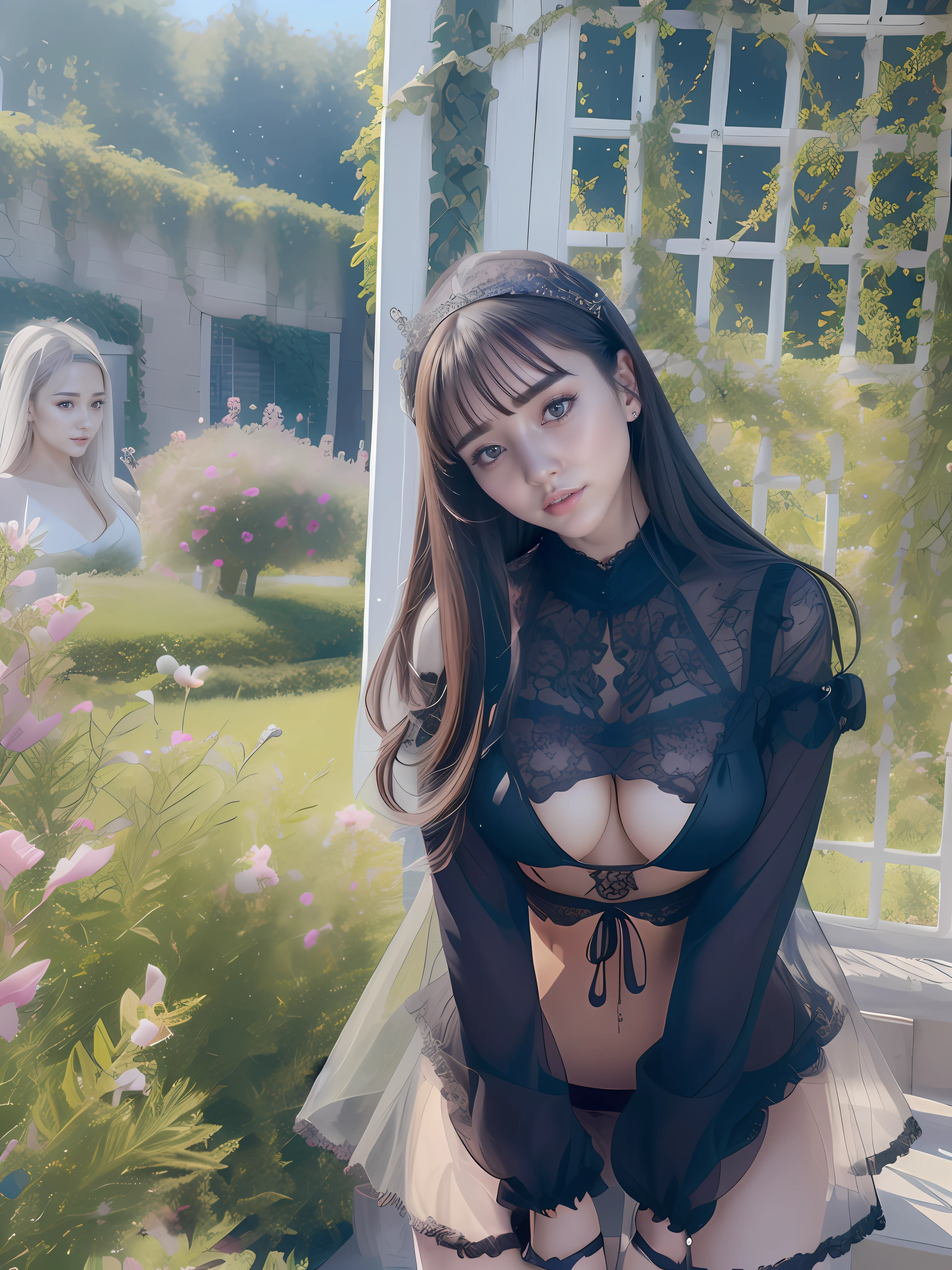 best qualtiy，tmasterpiece，high-definition photograph，4K，realisticlying，The is very detailed，Bigchest，If the shadow is gone，Black lace translucent translucent skirt，Black silk translucent underwear，Pink miniskirt，Shoulders exposed，Expose your waist。Ultra-detailed eyes，The facial features are delicate and cute。1girll ，The texture is clear，Realistic skin