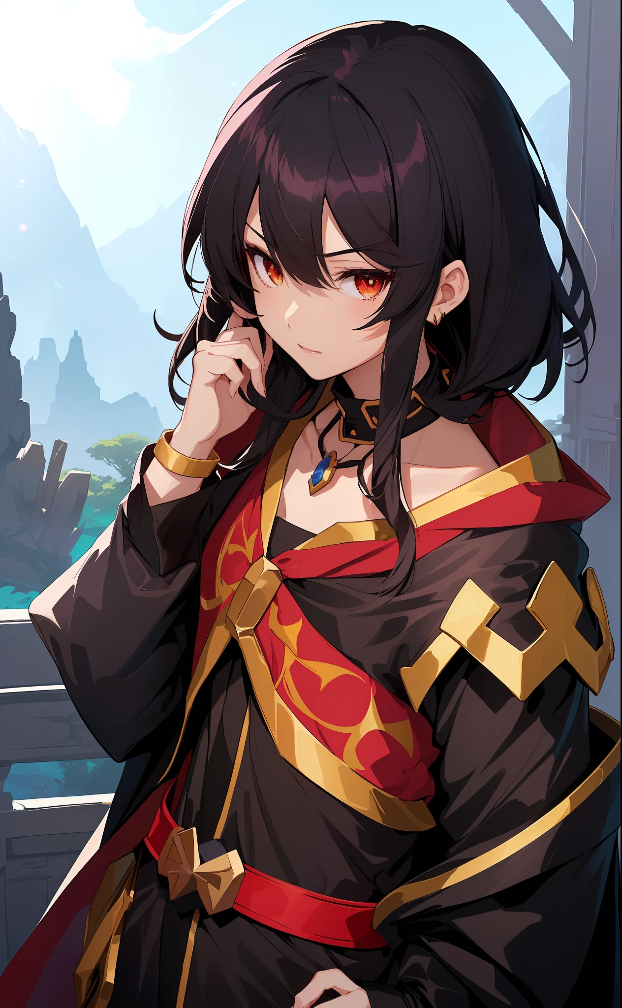 anime character with a necklace and a necklace around his neck, style of duelyst, half invoker half megumin, megumin, tsuaii, final fantasy tactics character, black - haired mage, fate grand order, tsukasa dokite, inspired by Li Chevalier, hyperlight drifter, wearing a brown cape, official art, with cape