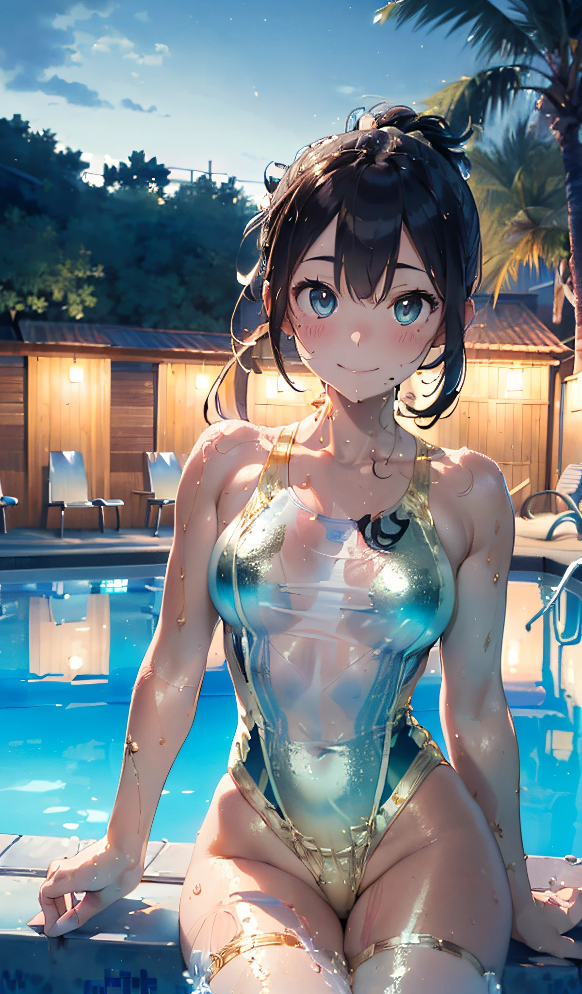 (Master masterpiece:2)、(((extremely fine and beautiful)))、(((The ultra -The high-definition)))、(16k UHD:2)、(Wet woman:1.4)、(Sheer Enamel Gold Swimsuit:2)、(medium large breasts)、(Transparent skin:1.6)、(Long ponytail hair:1.8)、(Beautiful eyes:1.8)、、(Nominal body type)、(Glamorous:1.4)、(musculature:1.4)、(Thin thighs:1.6）、(Thin leg:1.6)、(A smile)、perfectly proportions，Correct anatomy、Good anatomy、(Correctly drawn limbs:1.6)、(Pose to sit by the pool at night:1.4)、Dynamic Angle、  (luminism),