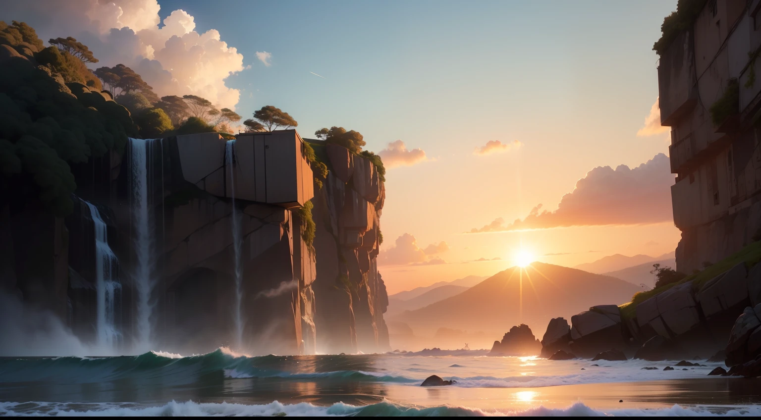 imagem hiper-realista de uma tarde de sol; riacho com pequena cascata; sol multicolorido; fim de tarde; 8k, cinemactic