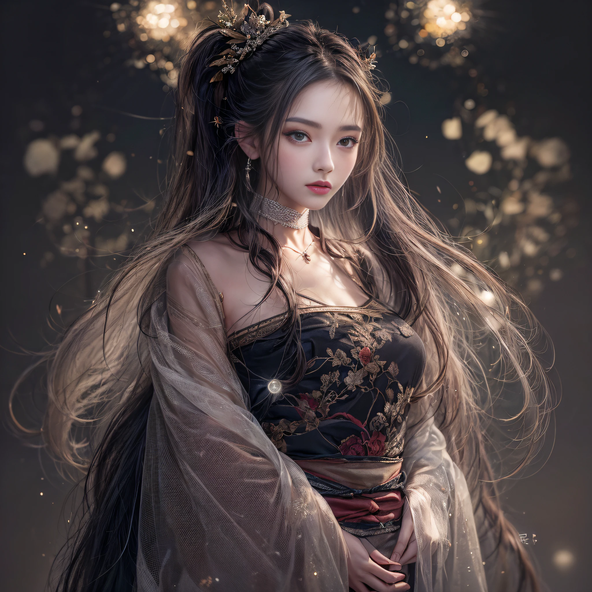best qualtiy, tmasterpiece, A high resolution, 1girll,Hanfu dress,hair adornments,choker necklace,jewely,beauitful face,after sexing_Body,Tyndall effect,realisticlying,Dark Studio,edge lit,twotonelighting,(highdetailskin:1.2),8K, Ultra HD,,gentle illumination,high high quality,Volumetriclighting,Frankness,photore,A high resolution,4K,8K,Bokeh