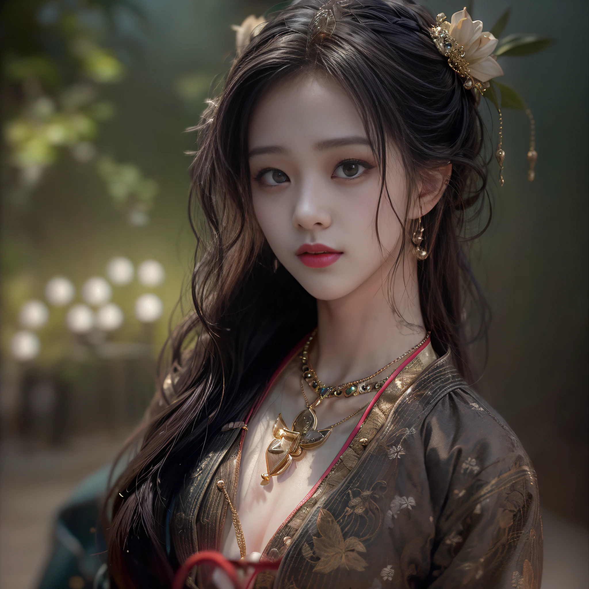 best qualtiy， tmasterpiece， A high resolution， 1girll，Hanfu dress，hair adornments，choker necklace，jewely，beauitful face，after sexing_Body，Tyndall effect，realisticlying，Dark Studio，edge lit，twotonelighting，（highdetailskin：1.2），8K, Ultra HD，，gentle illumination，high high quality，Volumetriclighting，Frankness，photore，A high resolution，4K，8K，Bokeh