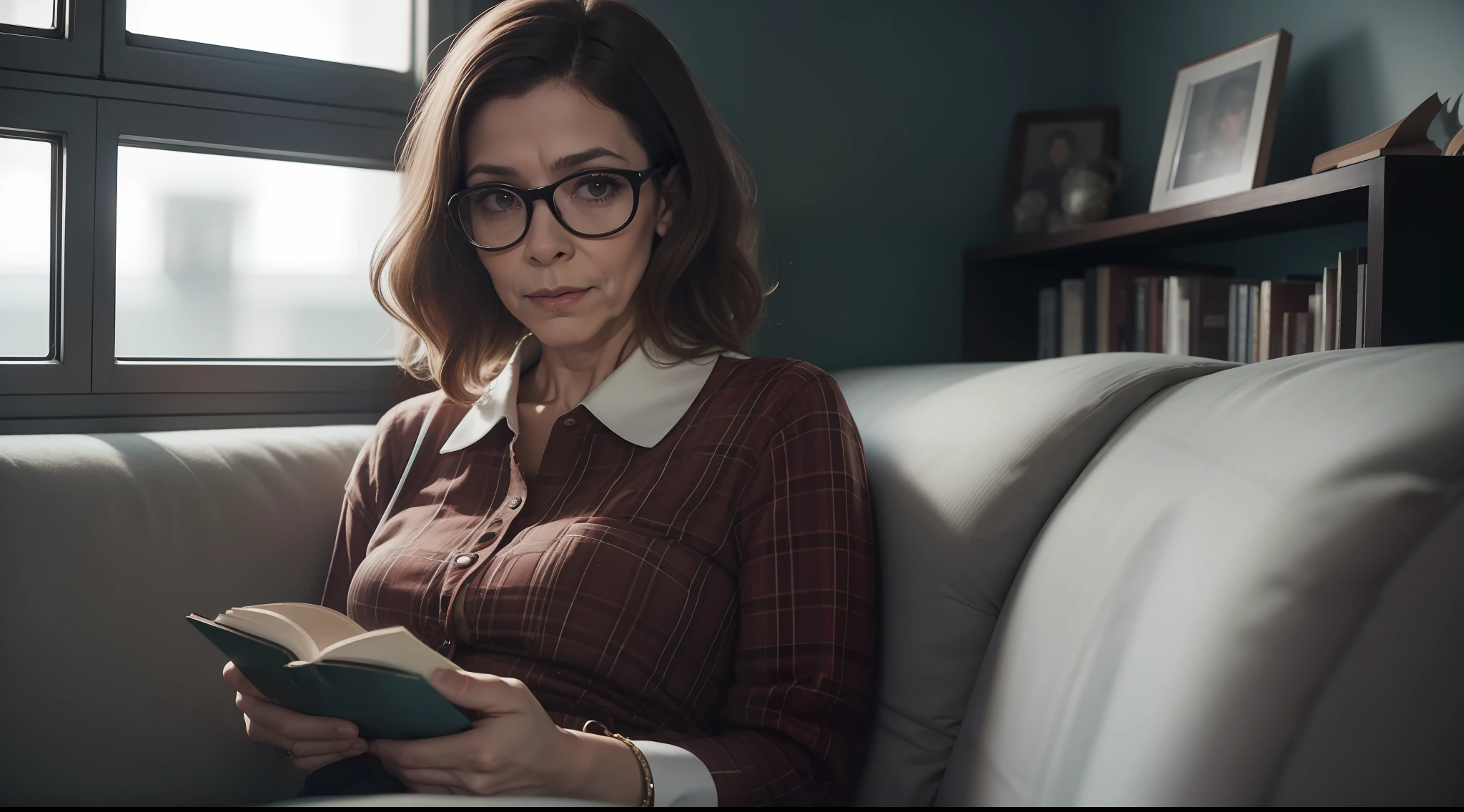 Woman sitting on a couch with a book in her hands, documentary still, Foto de uma mulher, grandma, O olhar de um idoso, black glasses blouse still from a music video, someone in home sits in bed, seeds of despair tv documentary, Dolores Abernathy, Directed by: Dan Frazier, Imagens de arquivo em live-action, inspirado em Diane Arbus, ainda de um filme