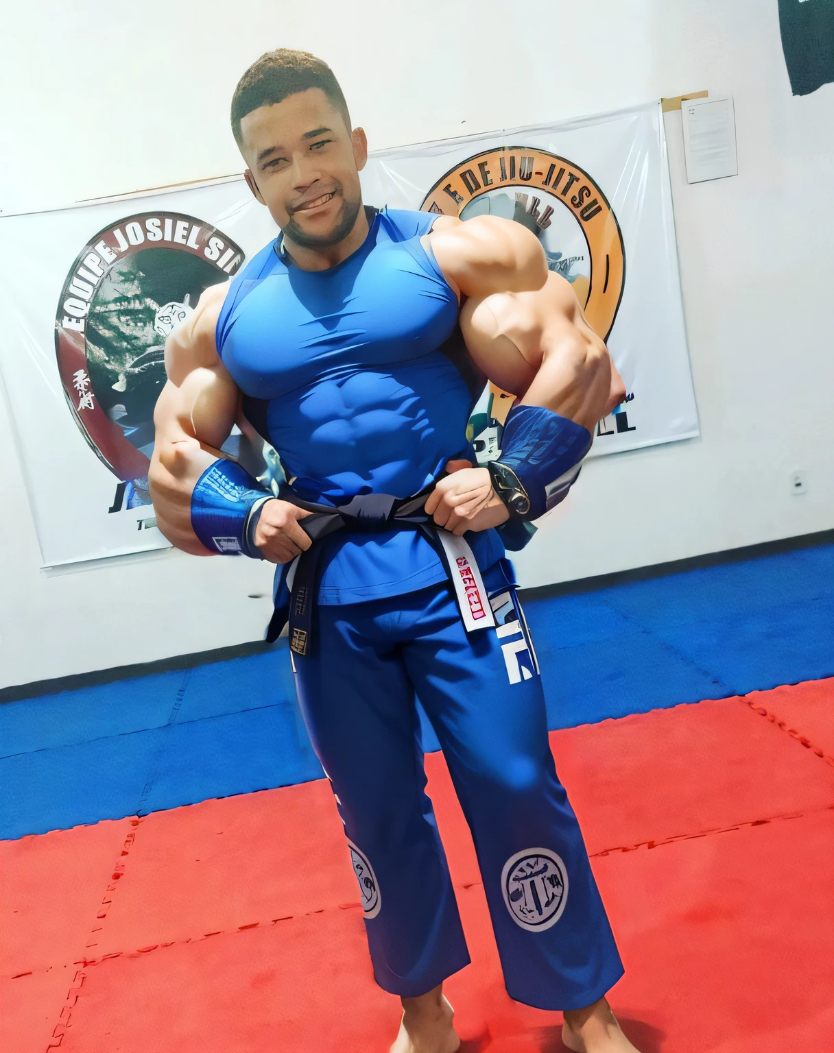 two hand, faixa de quimono amarrada na cintura, two hands holding sash, Blue wide jiu-jitsu kimono pants, realista ultra realista 8k