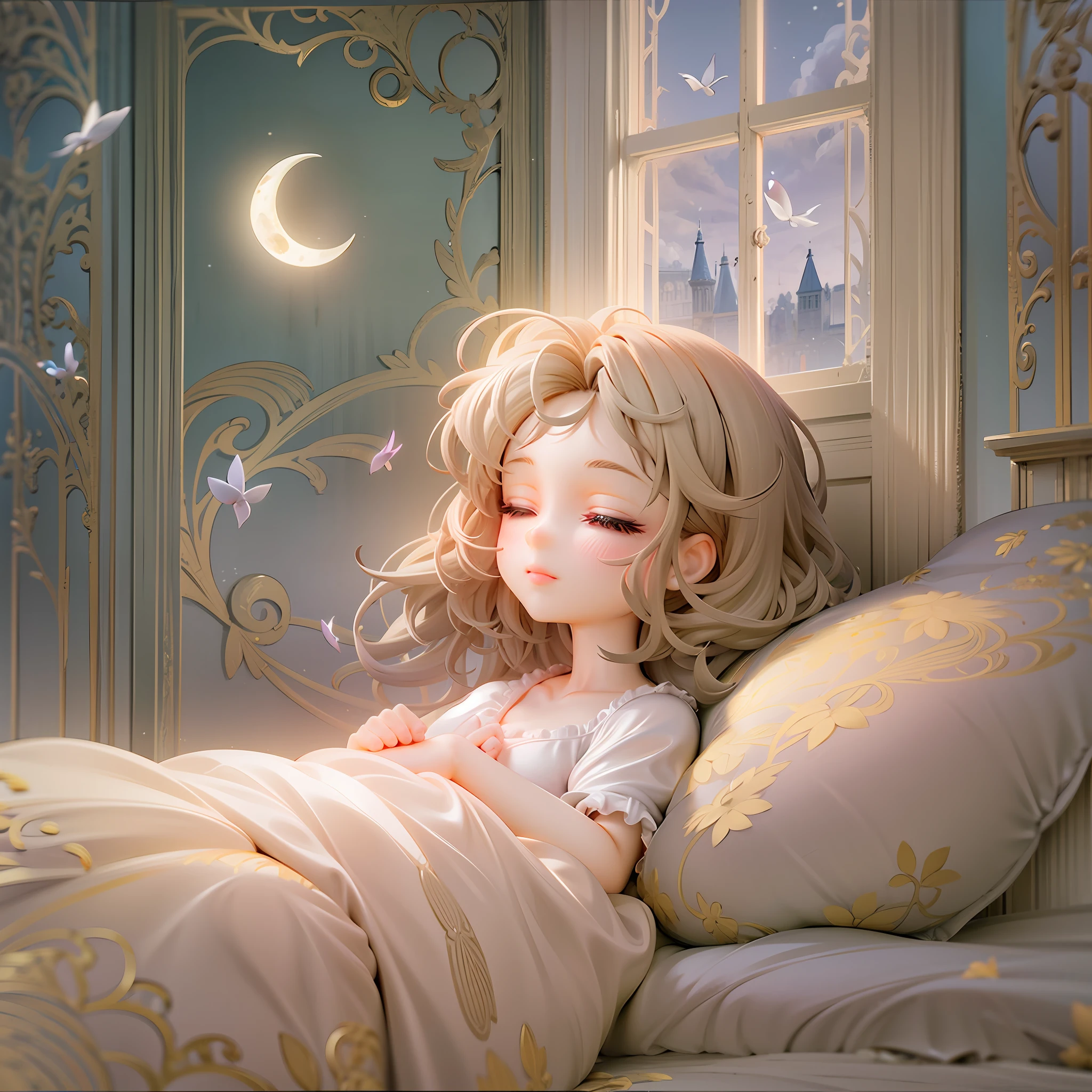 1girl, sleeping soundly, soft pillow, serene expression, fluffy blanket, moonlight filtering, teddy bear companion, gentle breathing, soft pastel nightgown, dreamy ambiance, hair sprawled delicately, window slightly open, gentle night breeze, soft chirping crickets, delicate eyelashes, small smile, dream bubble, floating above her head, whimsical fairytale scene inside, soft pink walls, childhood photo frame,