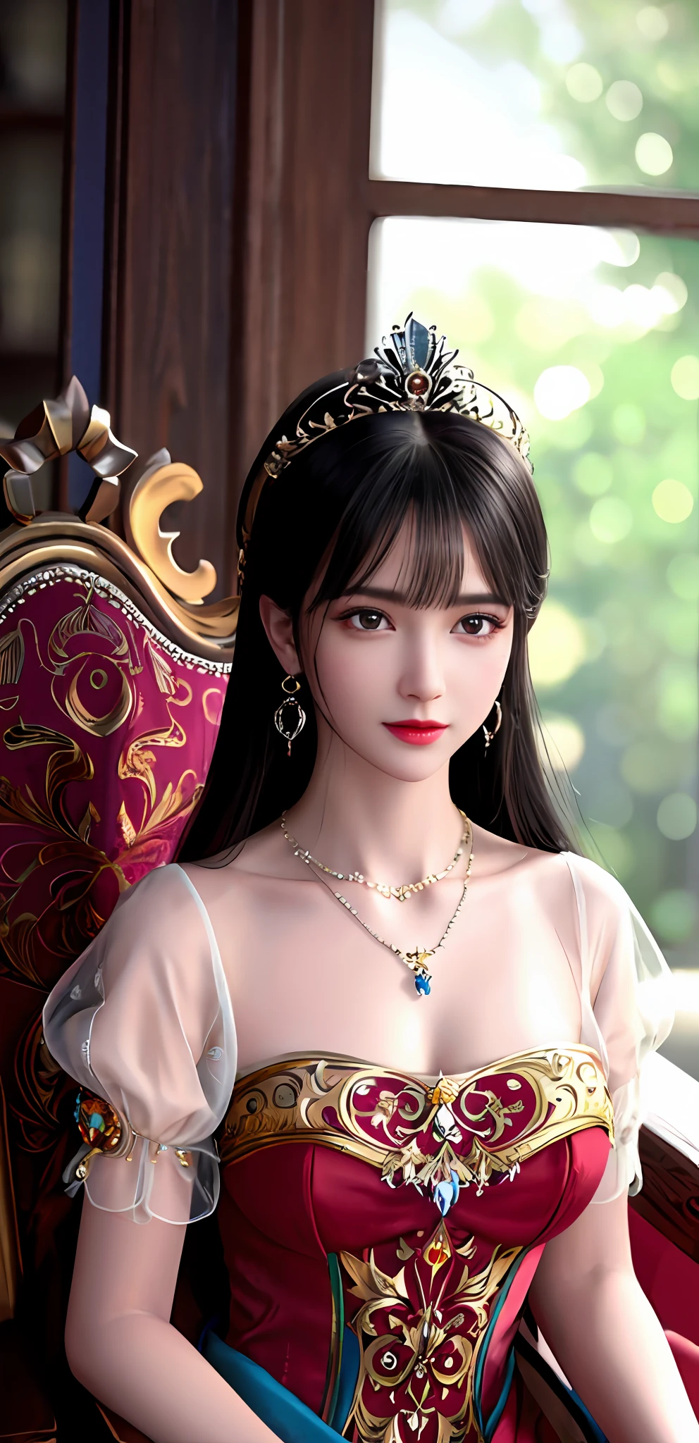 (realisticity: 1.2), best quality, 8K UHD, masterpiece, highres,cg,
1 super detailed girl, super detailed queen
, sitting on a super detailed royal throne, lud, xurious royal palace background, beautiful and detailed, super detailed long hair, wearing a beautiful and luxurious crown with diamonds and super detailed,
super detailed dress, Super detailed dress sleeves, super detailed beautiful earrings, Beautiful and beautiful necklace full of super detailed diamonds,
solo, jewelry, super detailed red and yellow dress, pretty face, beautiful, and super detailed,
, earrings, super detailed hairdo, splashing, the upper body is very super detailed, super detailed hair bun, super detailed black hair,
lighting,candid,Photograph,high resolution,4k,8k,Bokeh,