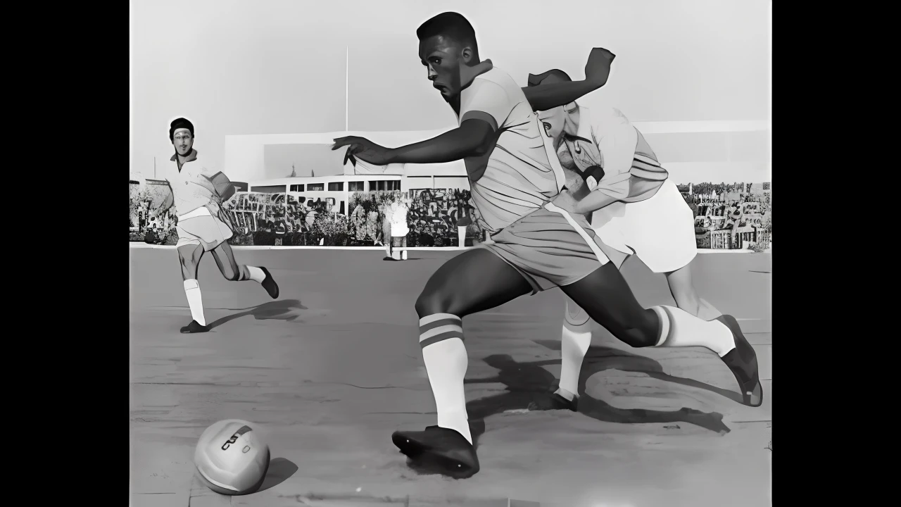 Jogador de futebol com uniforme branco tenta chutar a bola, alphonse muca, Eduardo Buba, 1960, 1 9 6 0, 1967, 1 9 6 7, Henri Moore, 6 de maio 8, portrait of pele, por volta de 1969, cerca de 1 9 6 9, foto de arquivo, Foto de esportes