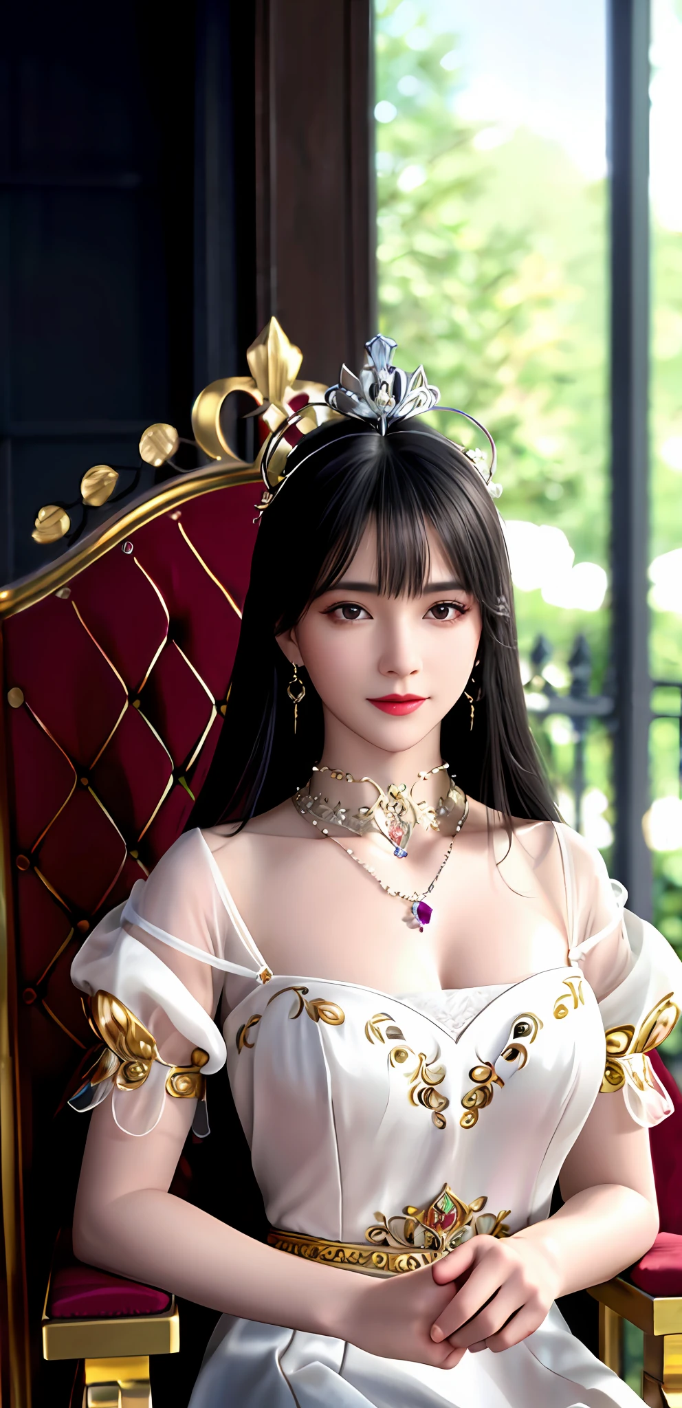 (realisticity: 1.2), best quality, 8K UHD, masterpiece, highres,cg,
1 super detailed girl, super detailed queen

, sitting on a super detailed royal throne, lud, xurious royal palace background, beautiful and detailed, super detailed long hair, wearing a beautiful and luxurious crown with diamonds and super detailed,

super detailed dress, Super detailed dress sleeves, super detailed beautiful earrings, Beautiful and beautiful necklace full of super detailed diamonds,  
 solo, jewelry, super detailed red and yellow dress, pretty face, beautiful, and super detailed, 

, earrings, super detailed hairdo, splashing, the upper body is very super detailed, super detailed hair bun, super detailed black hair,
lighting,candid,Photograph,high resolution,4k,8k,Bokeh,