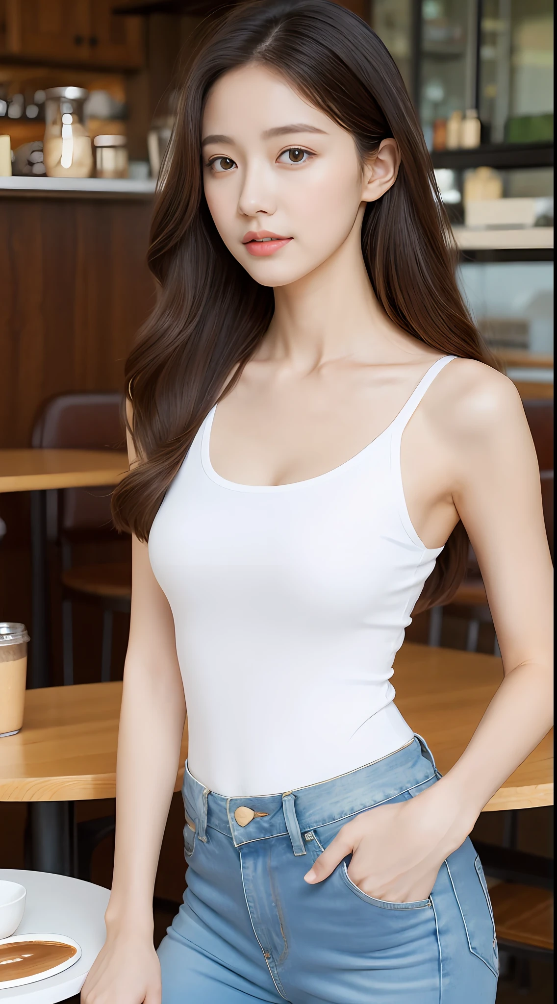 (realisticlying, A high resolution:1.3), 1 girl with a perfect body, Super fine face and eyes,long whitr hair, Tank top of random colors:1.2, short jeans pants, in a cafe, Coffee on the table,middlebreast,Anatomically normal,