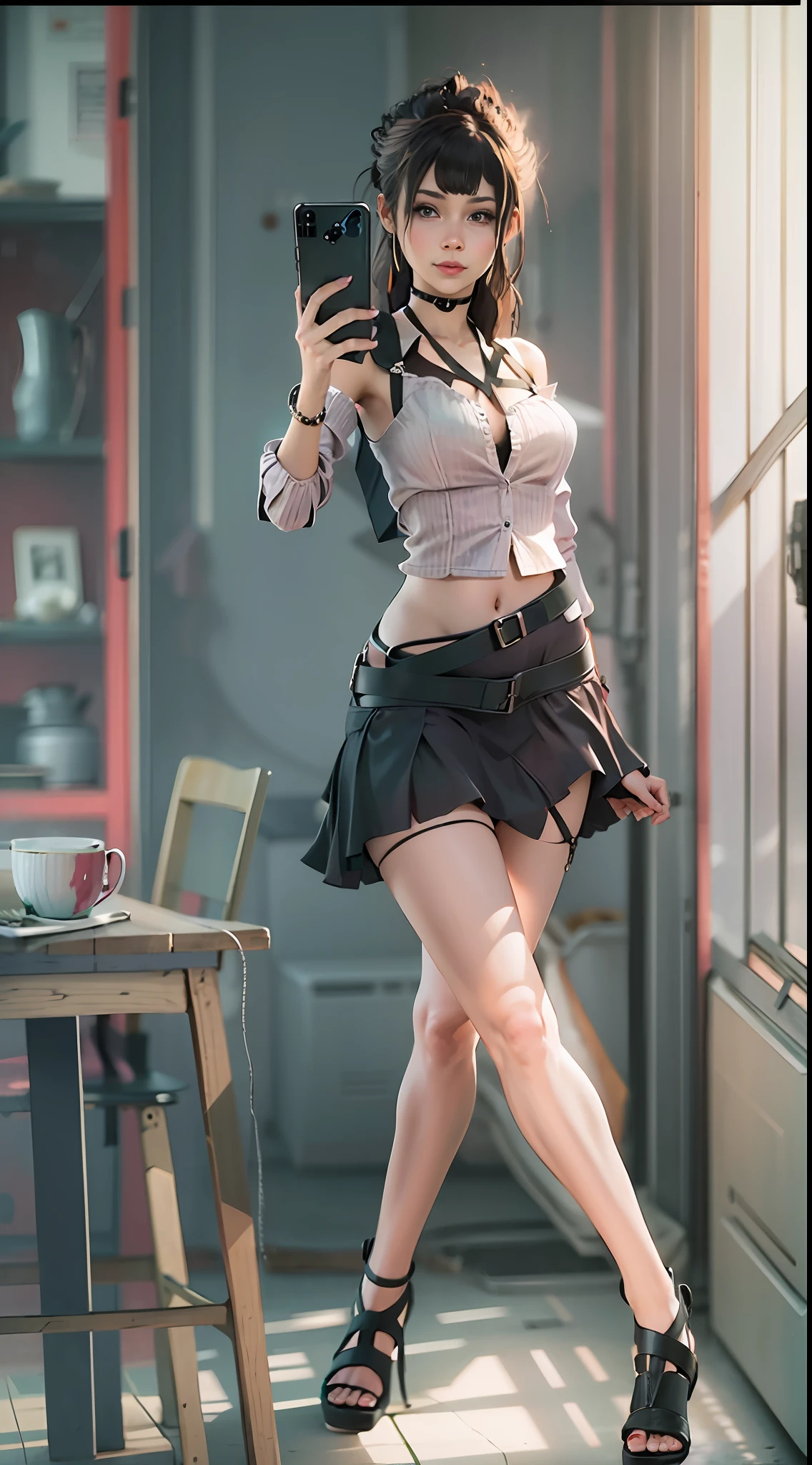(full lenght view), Girl, feet shoulder width apart, Watch on hand, taking a selfie on the phone, (No panties), NSFW, frontal view, (day light, midi, Day), garter belt, (Black skirt (Upskirt) The high waist is raised, Upskirt:1), looking at viewer, sexy figure, (Masterpiece) (no pants, without underwear), Smile, (bent over), (tilt), (Choker), (long skinny legs, high sandals), Skinny, Full-lengh view