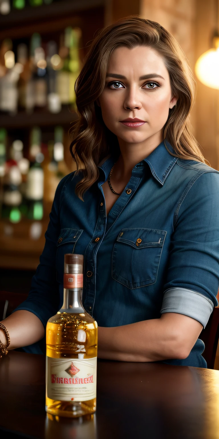 Linda (ErinNobodySD15) western RPG character brunette hair combed up button-down shirt in a canteen bar sitting bottles of tequila liquor, Lighting-Gold (dark and gloomy environment: 1.2) (masterpiece: 1.2) (photorealistic: 1.2) (bokeh) (best quality) (detailed skin:1.2) (intricate details) (Clutter-Home) (8k) (HDR) (cinematic lighting) (sharp focus)