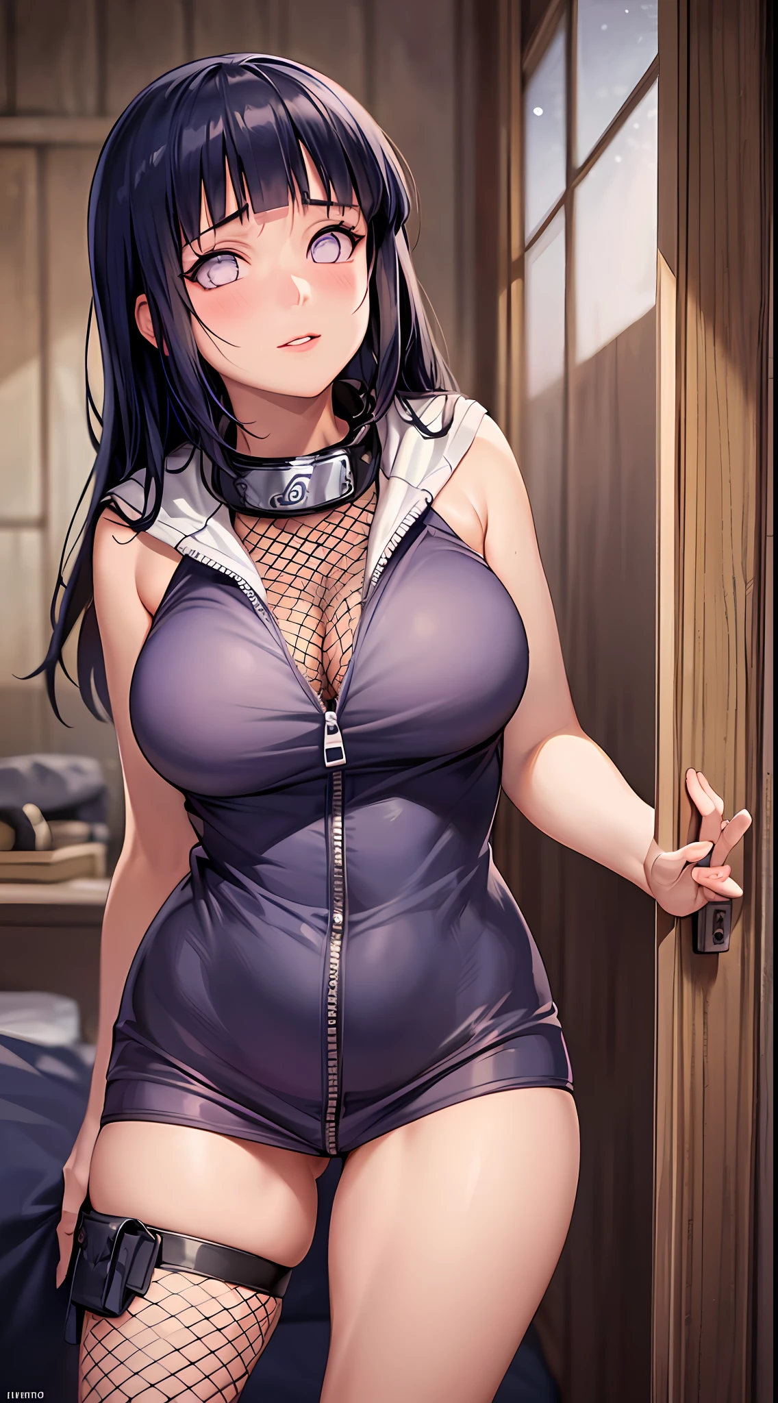 Masterpiece, High definition, high quality, detailed face, detailed body rendering, 1girl, solo, Hinata Hinata, Hinata sleeveless clothing,room,, sleeveless shirt,( fishnet garment), dark lips, unzipper jacket, no bra, breasts out, standing, blush, (in bedroom)