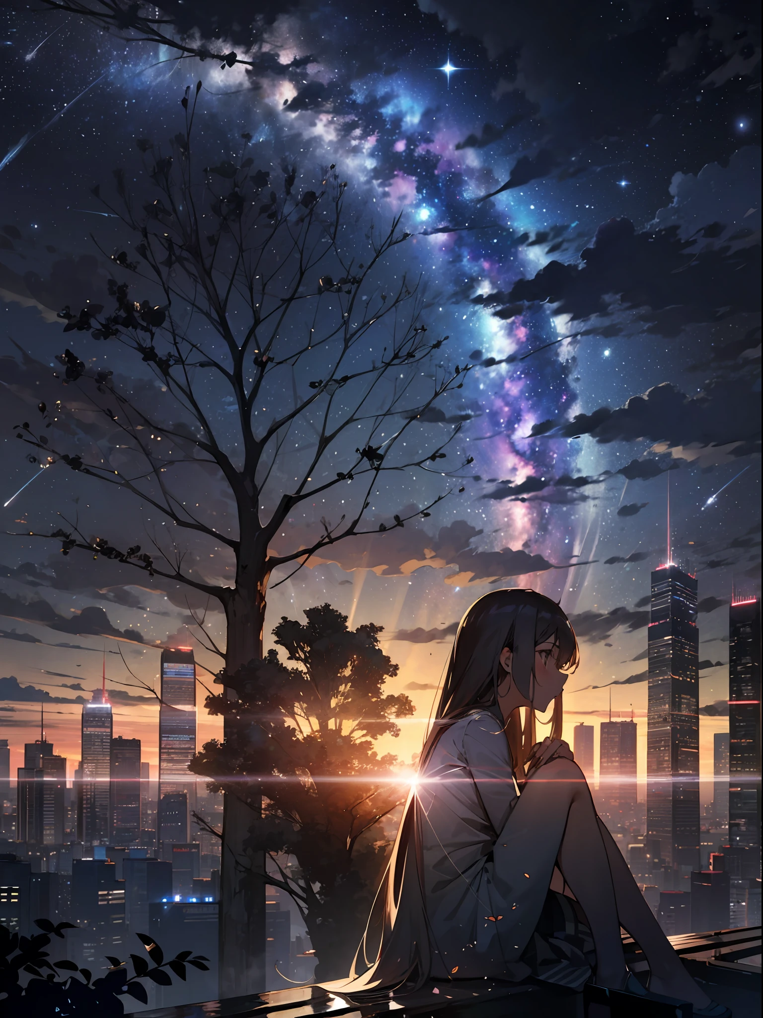 sky, star (sky), scenery, starry sky, night, 1girl, night sky, solo, outdoors, building, cloud, milky way, sitting, tree, long hair, city, silhouette, cityscape