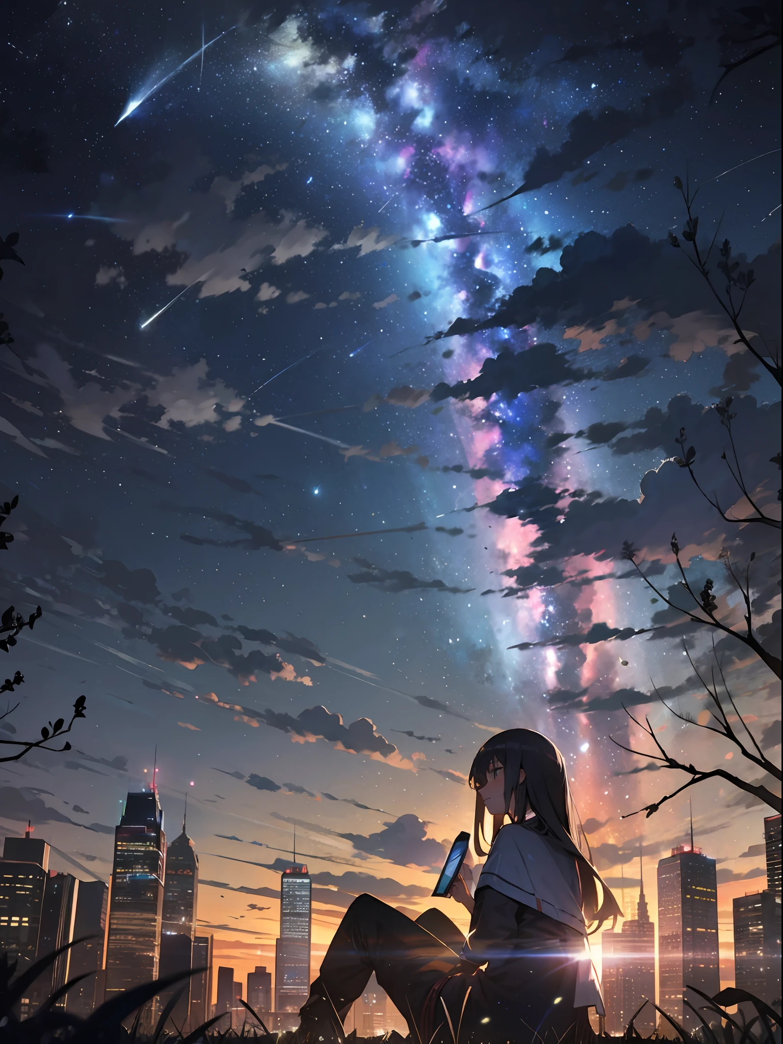 sky, star (sky), scenery, starry sky, night, 1girl, night sky, solo, outdoors, building, cloud, milky way, sitting, tree, long hair, city, silhouette, cityscape