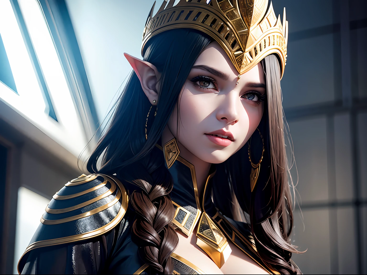 Ultra-detailed complex 3D rendering of face, (Colossal: 8.8), (masterpiece, top quality, octane rendering, 8K), glamour shot full body image, very beautiful young elf, cleavage, (very detailed skin: 1.2), (exposure: 1.1), brown-haired, ((wearing a plummeted open shirt of white silk: 1.10)), beautiful Caucasian woman with black skin with full soft breasts with big buttocks, Single, long braided hair, big breasts, dynamic angle, mystical expression, ultra-realistic photo, (((portrait)))), bare feet, futuristic urban background, facial muscles, detailed and beautiful queen gold crown, in the style of Marvel Comics, ArtStation trends, clear focus, studio photography, intricate details, very detailed, detailed red eyes, very detailed, Sharp Focus, Digital Rendering, Professional, Abs, Dark Grey Background,