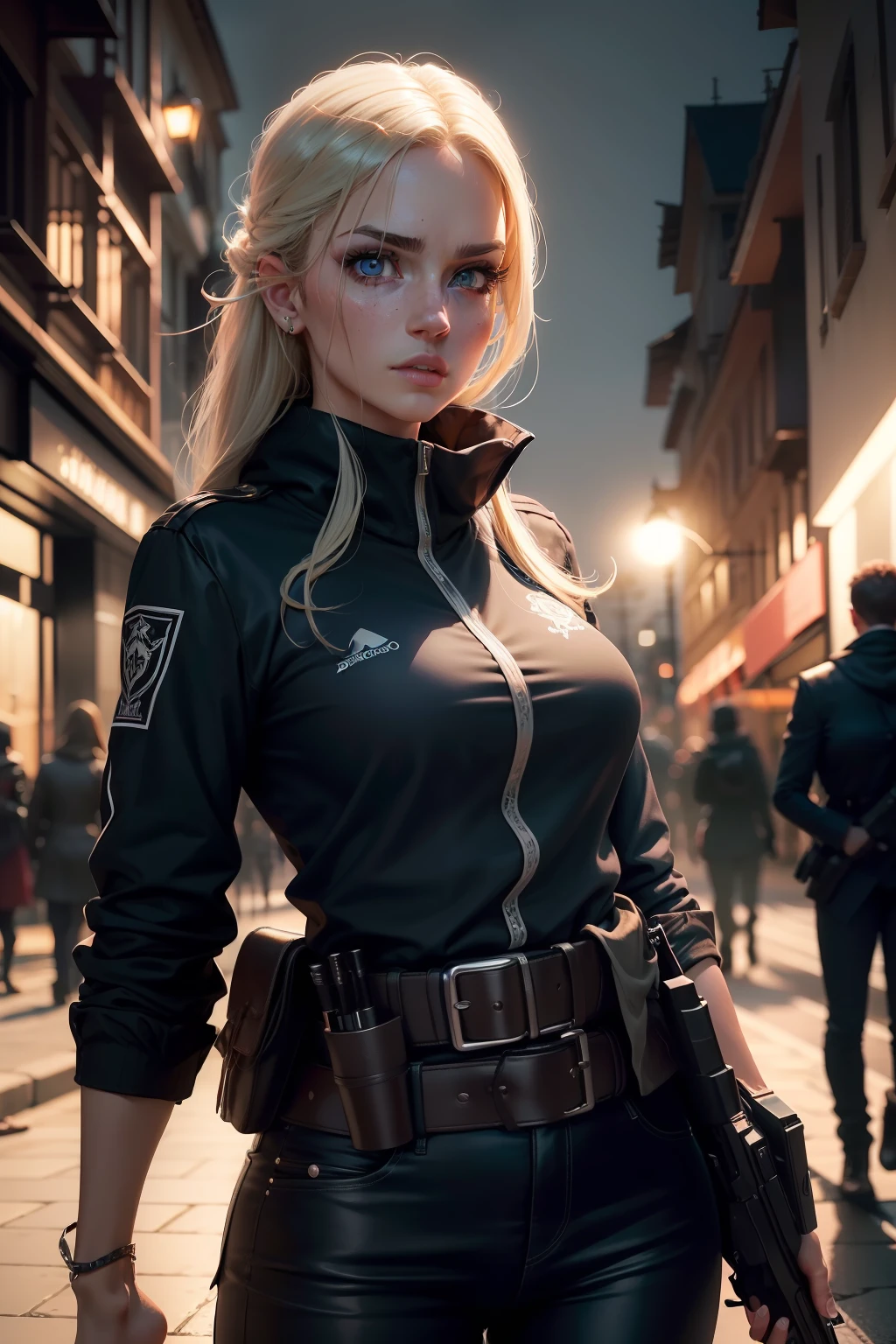 ((detalhes perfeito)), (Uplighting), (((perfection))),1 mulher, assassina, ruas escuras, foco, pistola, roupa elegante ,, Olhos intimidadores, rage, Heterocromia, sangue no rosto, caos, ((detalhes intrincados, hiperdetalhado))