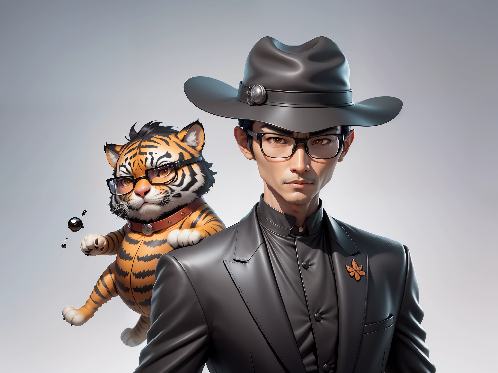 Young man with oriental face in leather hat, tiger, oriental face in formal suit, short black hair, silver glasses, digital painting, 3D character design by Mark Clairedon and Pixar and Hayao Miyazaki and Akira Toriyama, the illustration is a high-definition illustration in 4K resolution with very detailed facial features and cartoon-style visuals.