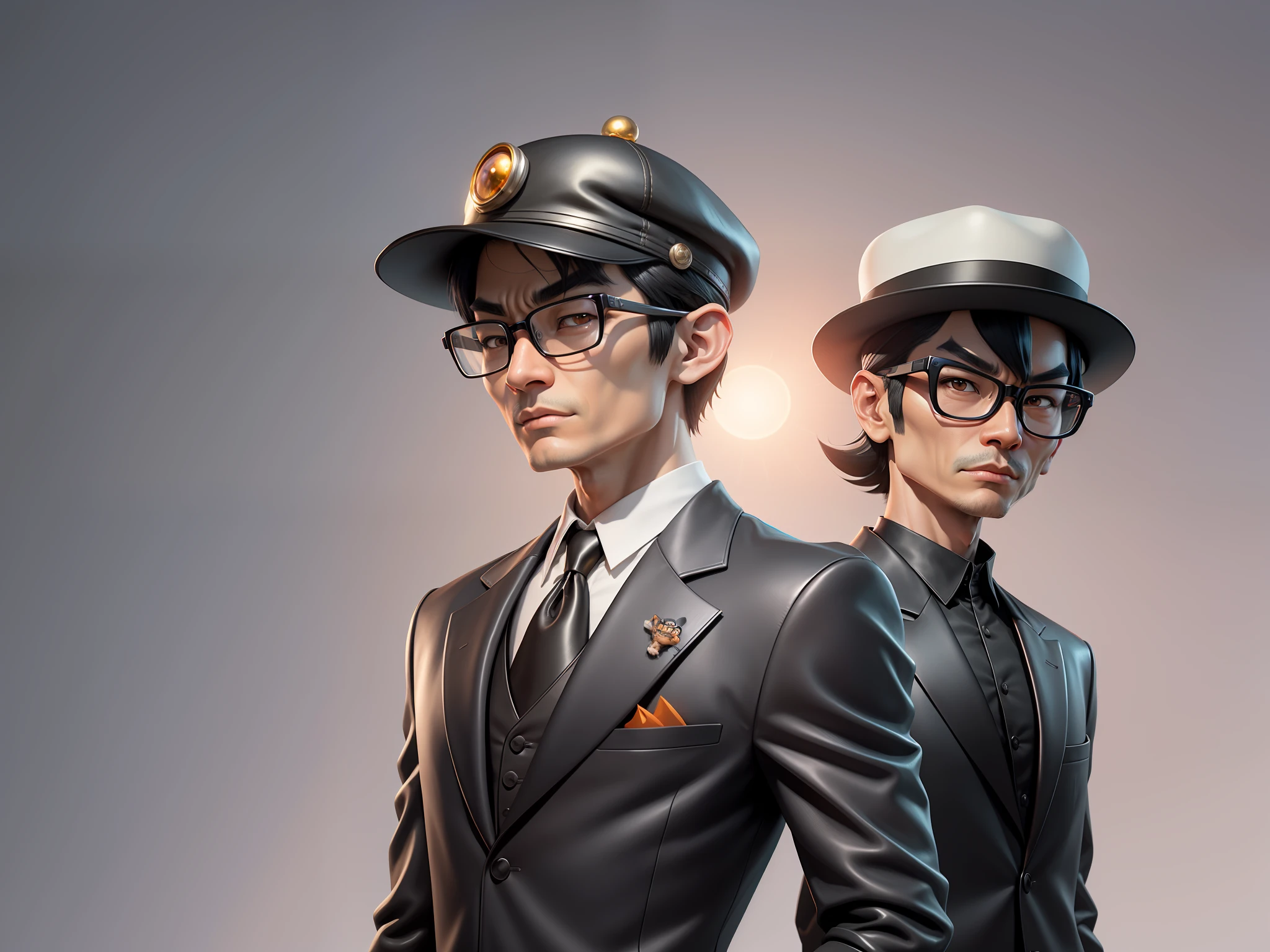 Young man with oriental face in leather hat, tiger, oriental face in formal suit, short black hair, silver glasses, digital painting, 3D character design by Mark Clairedon and Pixar and Hayao Miyazaki and Akira Toriyama, the illustration is a high-definition illustration in 4K resolution with very detailed facial features and cartoon-style visuals.