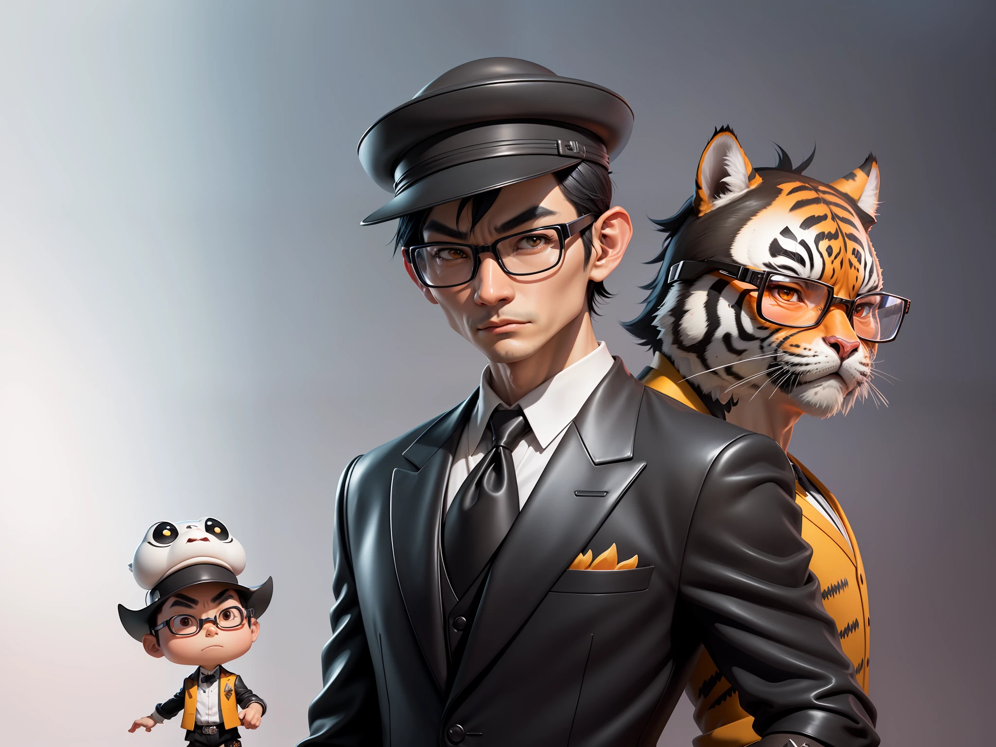Young man with oriental face in leather hat, tiger, oriental face in formal suit, short black hair, silver glasses, digital painting, 3D character design by Mark Clairedon and Pixar and Hayao Miyazaki and Akira Toriyama, the illustration is a high-definition illustration in 4K resolution with very detailed facial features and cartoon-style visuals.