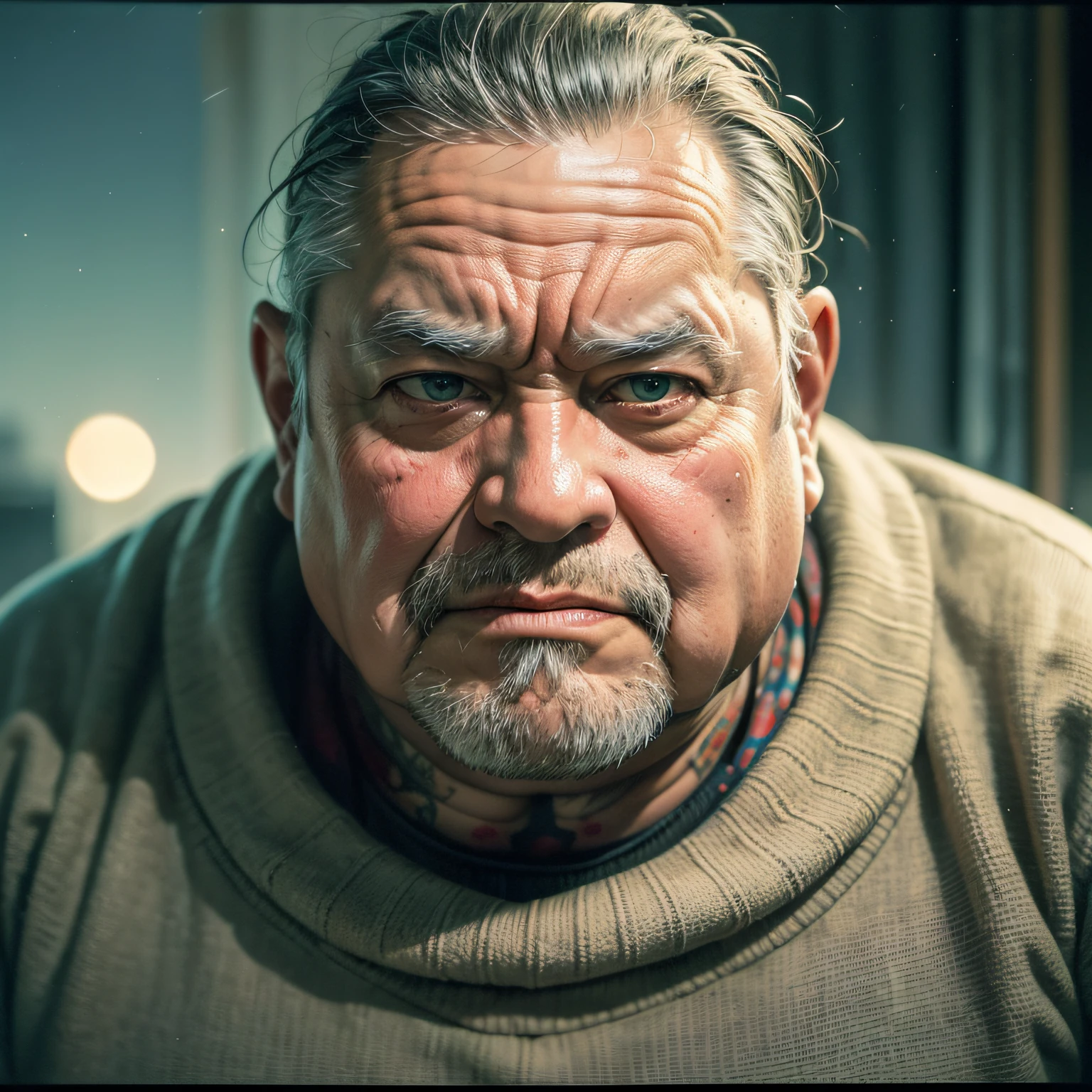 Portrait of european old fat guys, (angry), (dark brown eyes), detailed skin, realistic, sweater, tatoo, soft shadows, Fujifilm X3, ((masterpiece: 1.3)), (at night: 1.4)