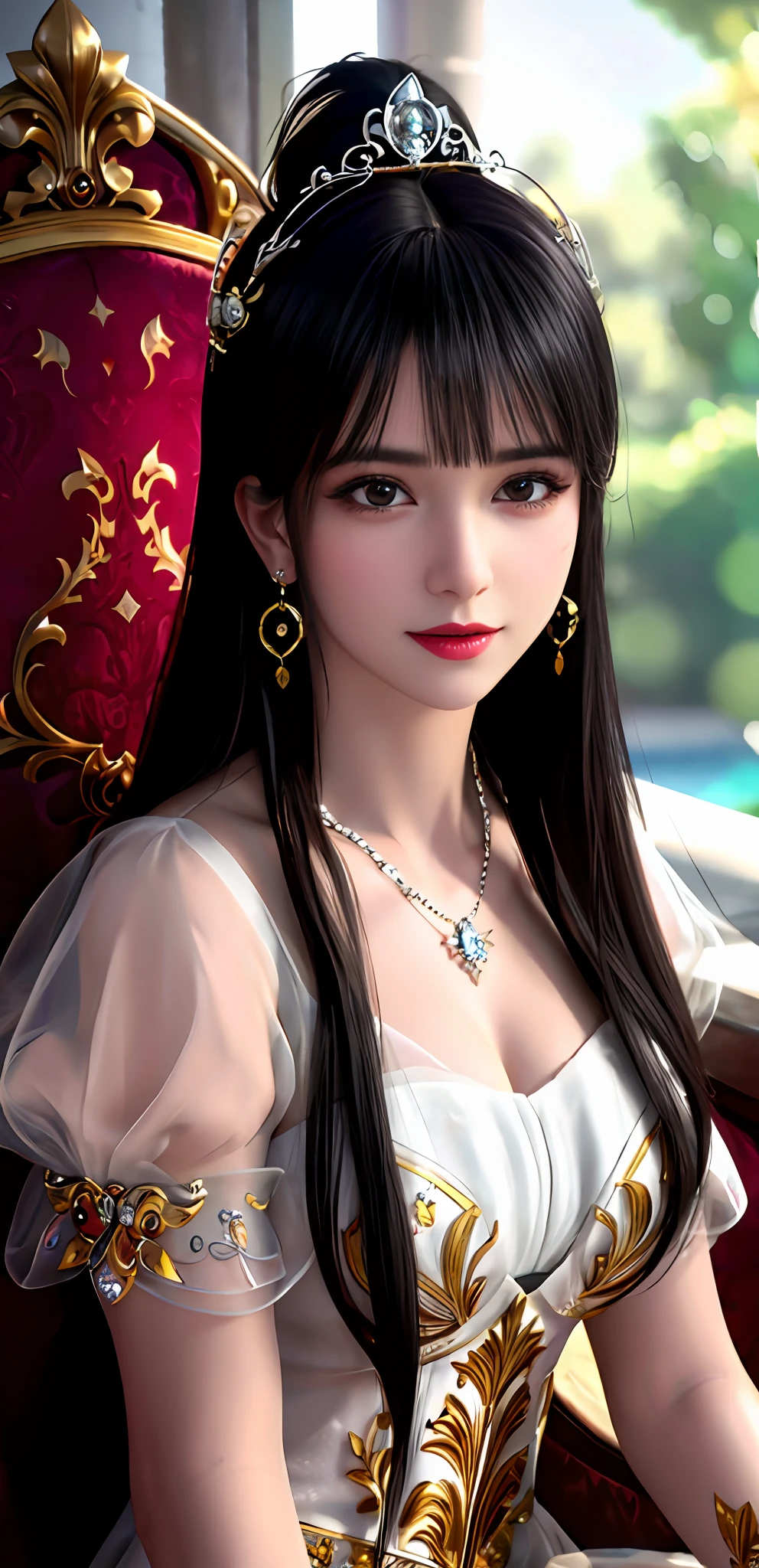(realisticity: 1.2), best quality, 8K UHD, masterpiece, highres,cg,
1 super detailed girl, super detailed queen

, sitting on a super detailed royal throne, lud, xurious royal palace background, beautiful and detailed, super detailed long hair, wearing a beautiful and luxurious crown with diamonds and super detailed,

super detailed dress, Super detailed dress sleeves, super detailed beautiful earrings, Beautiful and beautiful necklace full of super detailed diamonds,  
 solo, jewelry, super detailed red and yellow dress, pretty face, beautiful, and super detailed, 

, earrings, super detailed hairdo, splashing, the upper body is very super detailed, super detailed hair bun, super detailed black hair,
lighting,candid,Photograph,high resolution,4k,8k,Bokeh,