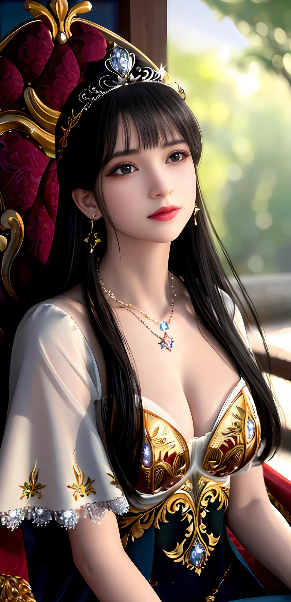 (realisticity: 1.2), best quality, 8K UHD, masterpiece, highres,cg,
1 super detailed girl, super detailed queen
, sitting on a super detailed royal throne, lud, xurious royal palace background, beautiful and detailed, super detailed long hair, wearing a beautiful and luxurious crown with diamonds and super detailed,
super detailed dress, Super detailed dress sleeves, super detailed beautiful earrings, Beautiful and beautiful necklace full of super detailed diamonds,
solo, jewelry, super detailed red and yellow dress, pretty face, beautiful, and super detailed,
, earrings, super detailed hairdo, splashing, the upper body is very super detailed, super detailed hair bun, super detailed black hair,
lighting,candid,Photograph,high resolution,4k,8k,Bokeh,