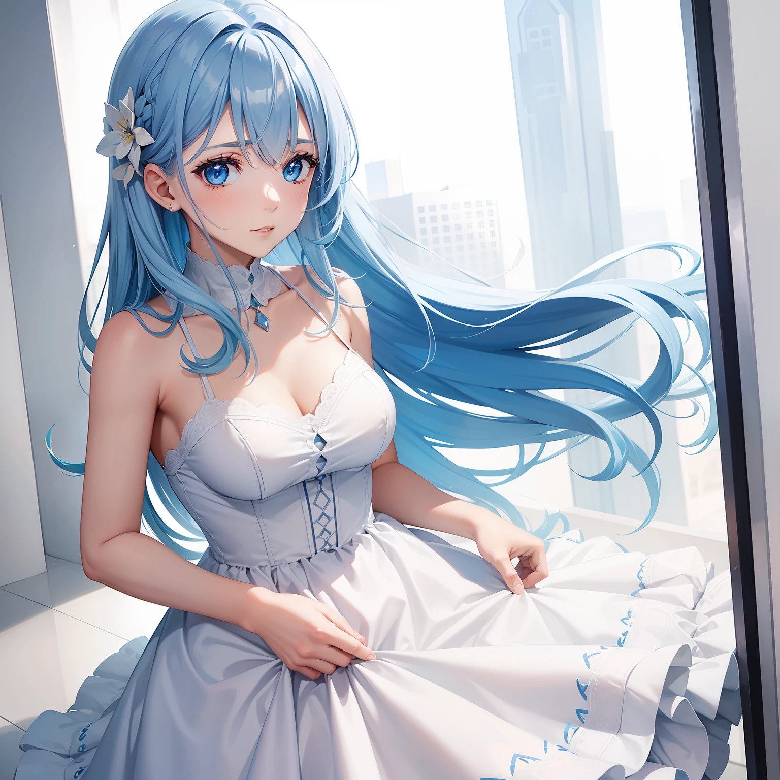 a women, blue hair, blue eyes, white dress