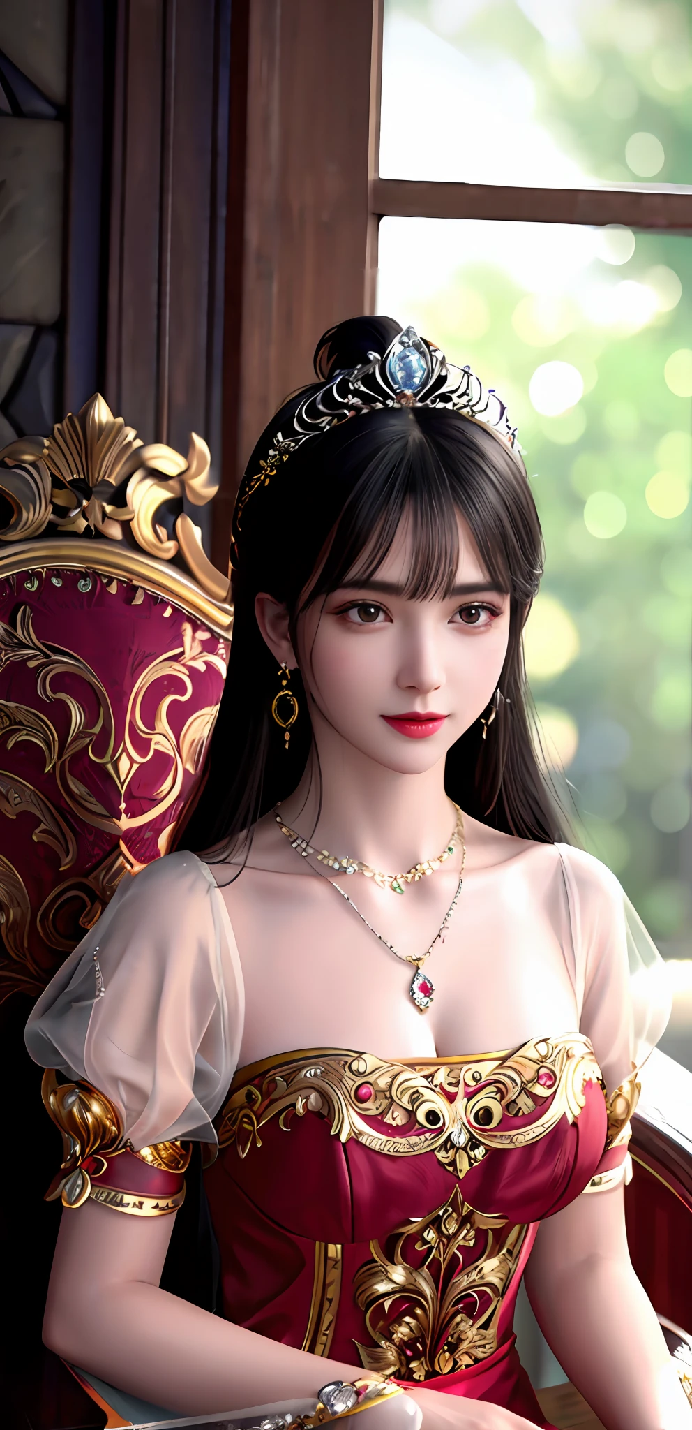 (realisticity: 1.2), best quality, 8K UHD, masterpiece, highres,cg,
1 super detailed girl, super detailed queen

, sitting on a super detailed royal throne, lud, xurious royal palace background, beautiful and detailed, super detailed long hair, wearing a beautiful and luxurious crown with diamonds and super detailed,

super detailed dress, Super detailed dress sleeves, super detailed beautiful earrings, Beautiful and beautiful necklace full of super detailed diamonds,  
 solo, jewelry, super detailed red and yellow dress, pretty face, beautiful, and super detailed, 

, earrings, super detailed hairdo, splashing, the upper body is very super detailed, super detailed hair bun, super detailed black hair,
lighting,candid,Photograph,high resolution,4k,8k,Bokeh,